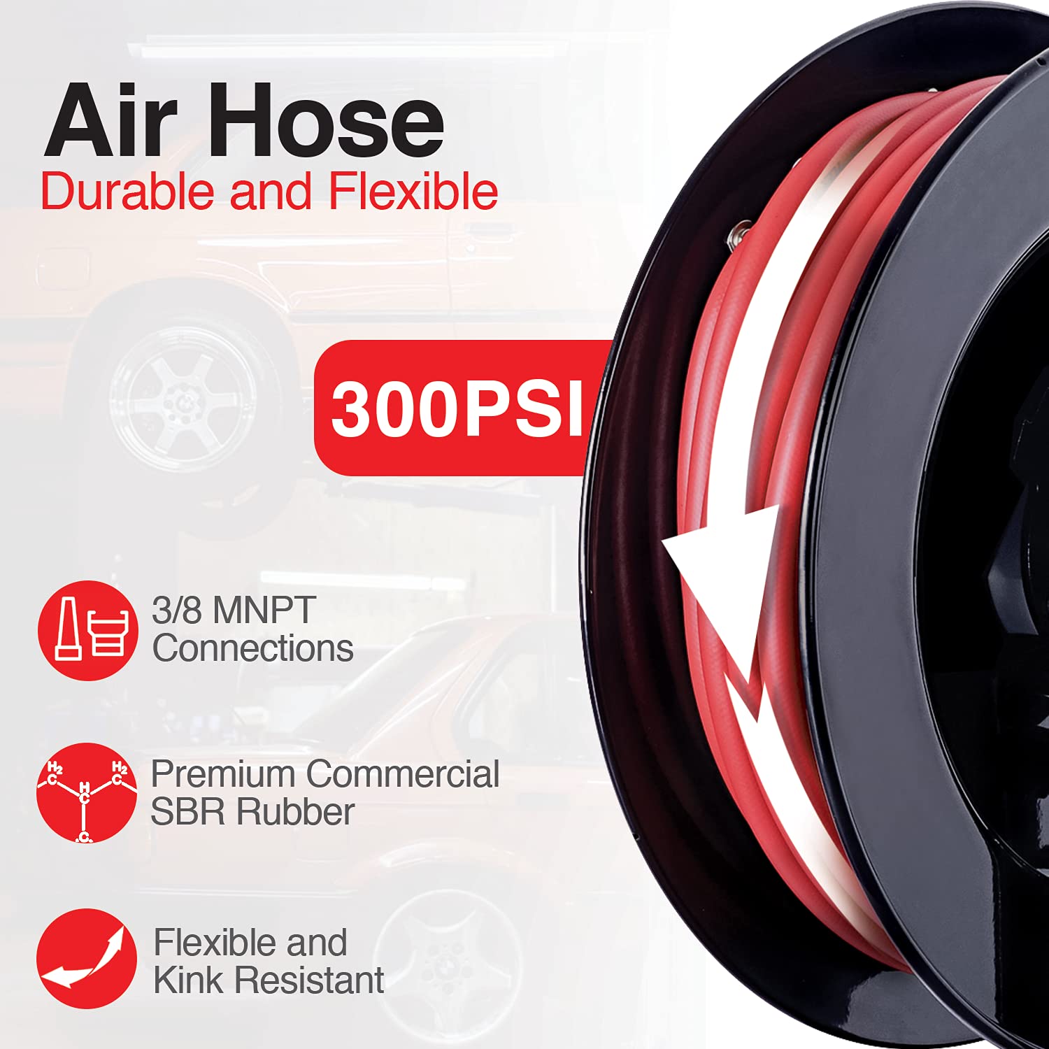 ReelWorks Air Hose Reel 3/8" Inch x 50' Foot SBR Rubber Hose & Wood Chipper Heavy Duty Compact Rotor Assembly Design 3" Inch [Bundle Deal]