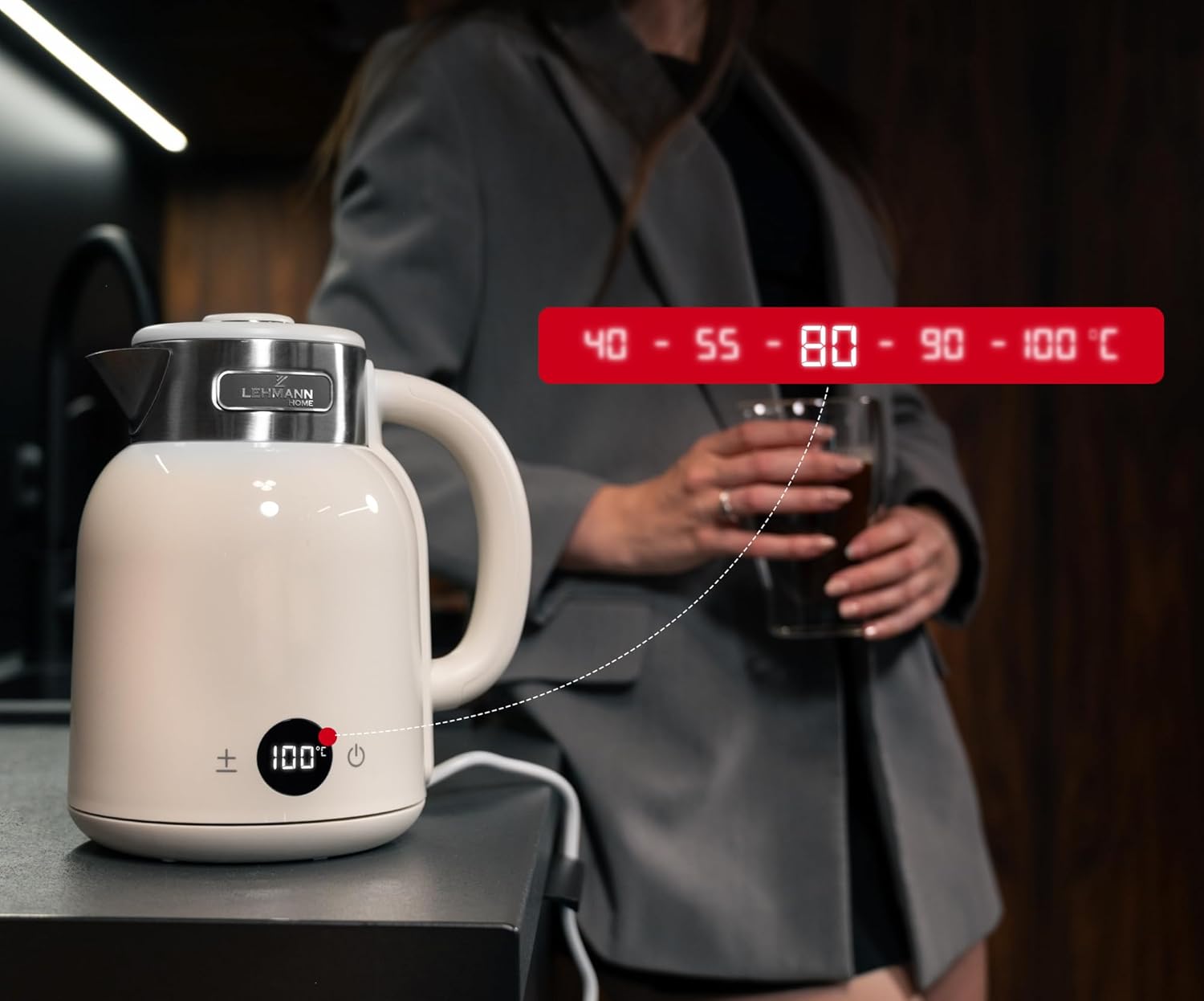 LEHMANN Electric Kettle displaying 100°C on its LED screen with temperature options 40-55-80-90-100°C