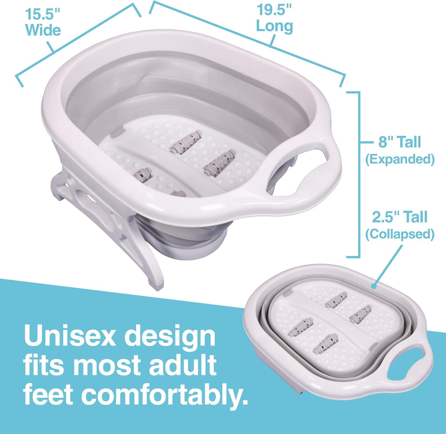 Collapsible Foot Soaking Bath Tub with Massage Rollers for Sore Feet - Stress and Tension Relief - Foldable Portable Pedicure Spa Basin (Gray)