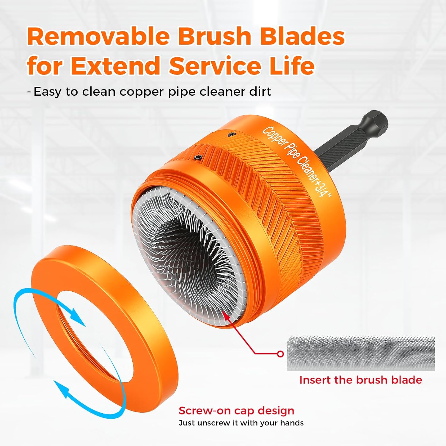 Copper Pipe Cleaner Set 1/2" & 3/4" & 1" External Metal Iron & Aluminum Pipes with 1/4 Hex Shank Pipe Cleaning Brushes & 6 Replaceable Blades 1 Rod Cleaning Brushes Kit for Rust Stains Paint