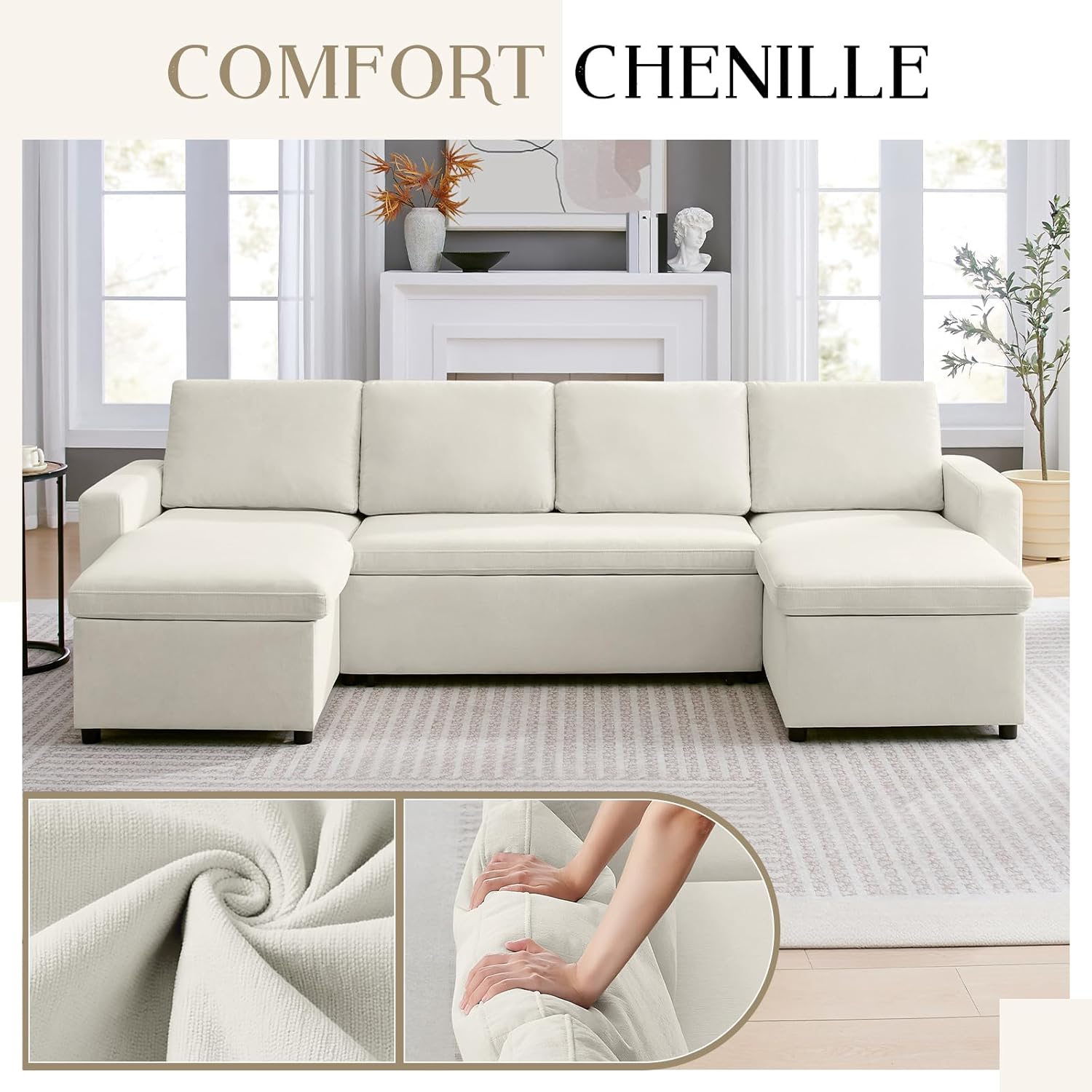Close-up image highlighting the soft, textured chenille fabric of the Pilita sofa, with an inset showing hands pressing into the cushion to demonstrate its plushness.