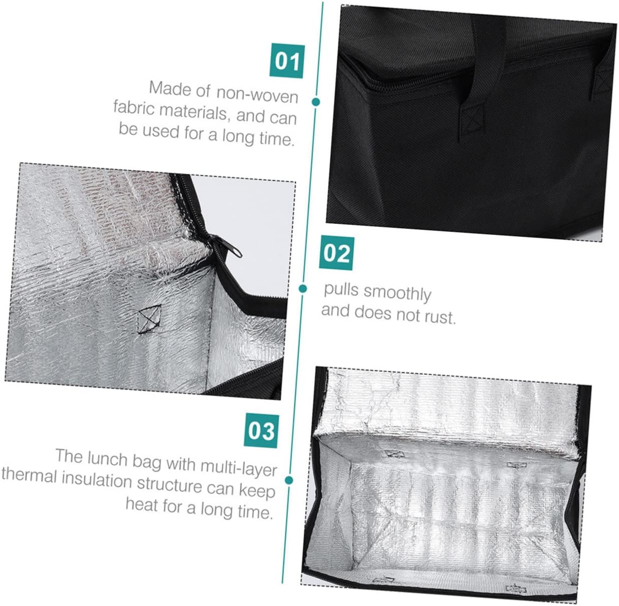 Mikinona Portable Insulation Bag, Black, Aluminum, Non-woven Fabric Zipper Insulated Pouch, Suitable for Food and Beverages, with Load Bearing Capacity