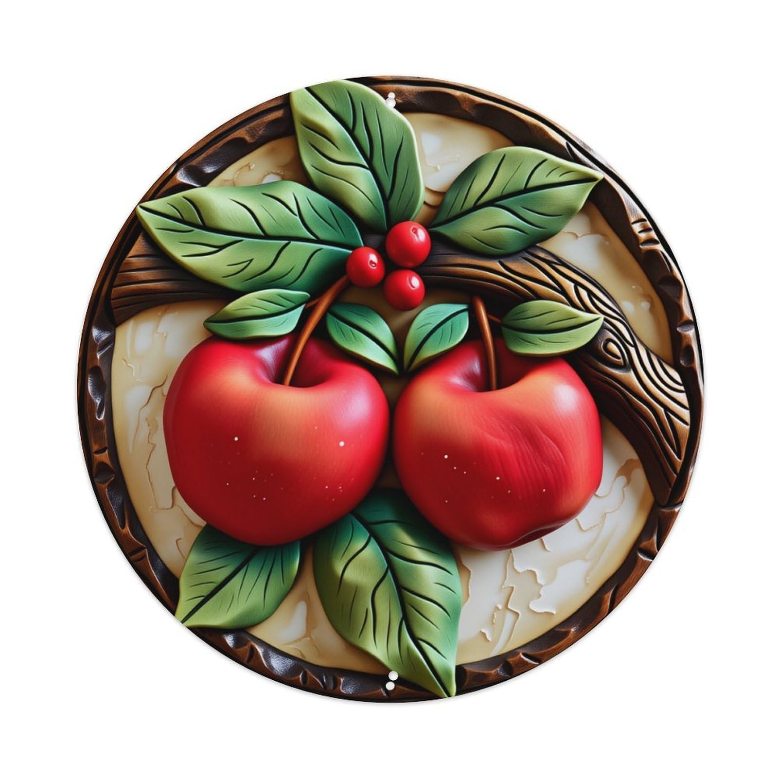 Apple Leaves Berries Branch Plate Round Tin Sign Vintage Style Metal Sign Home Bar Garden Wall Plaque Decor Metal Poster 8x8 Inch