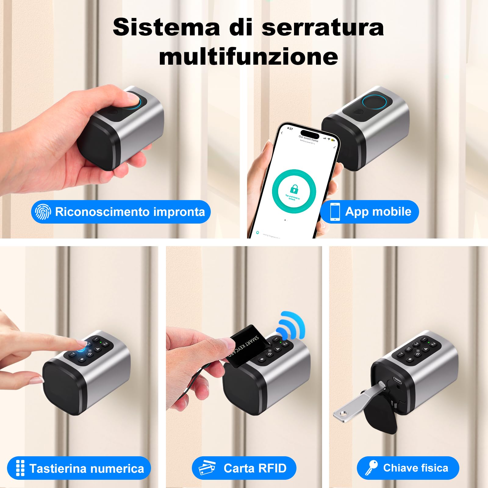 Serratura smart, serratura elettrica porta blindata con impronta digitale, lunghezza regolabile serratura elettrica con scheda RFID, app, WiFi, Bluetooth, 60–90 mm, accessori di prolunga, argento