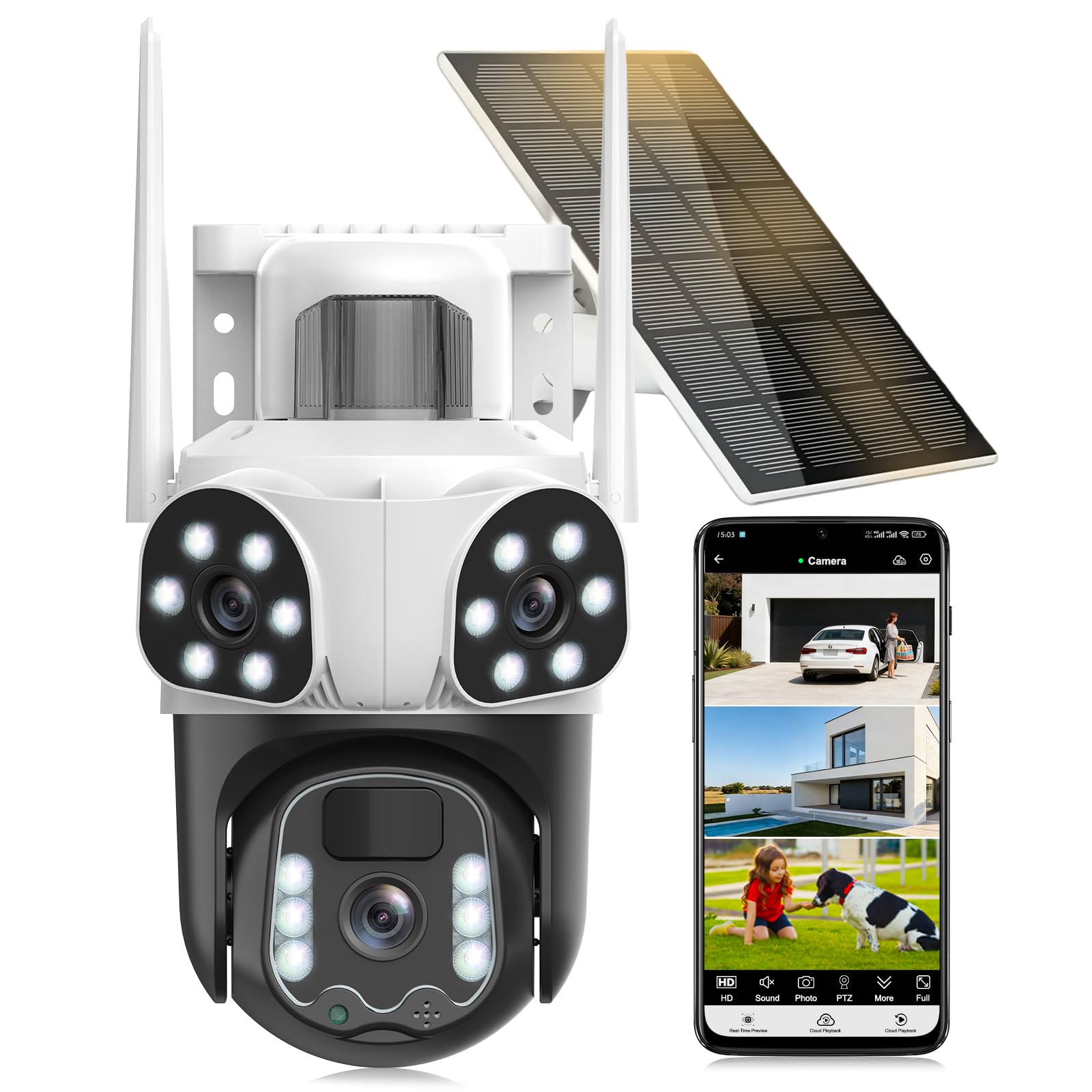 8MP Camera Vigilancia WiFi exterior inalámbrica, triple lente/cámara solar/batería,2.4/5G WIFI,360° PTZ Seguridad en el hogar, Visión Vocturna, Alarma,Audio bidireccional,Seguimiento automático,IP66 1