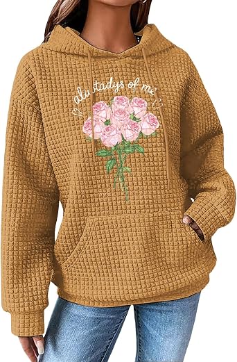 2025 New Art Style Print Waffle Hoodie for Women Long Sleeve Cute Graphic Sweatshirt Fall Winter Warm Loose Pullover