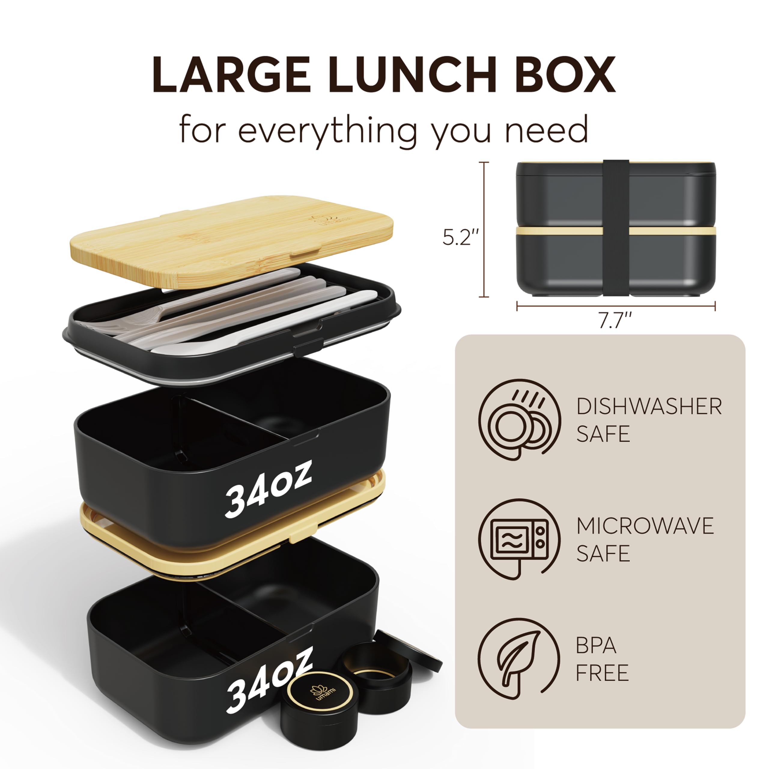 Porta Pranzo 2L, Lunch Box Ermetico con 4 Scomparti e Posate, Sicuro per Microonde, Lavastoviglie, Portapranzo Ufficio, Bento Lunchbox Prova di Perdite per Adulti, Schiscetta Pranzo Umami