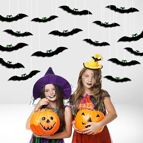 Miniatura 4 de 16 piezas de decoración de Halloween, material de polipropileno, decoración colgante de murciélago con ojos que brillan en la oscuridad, carteles