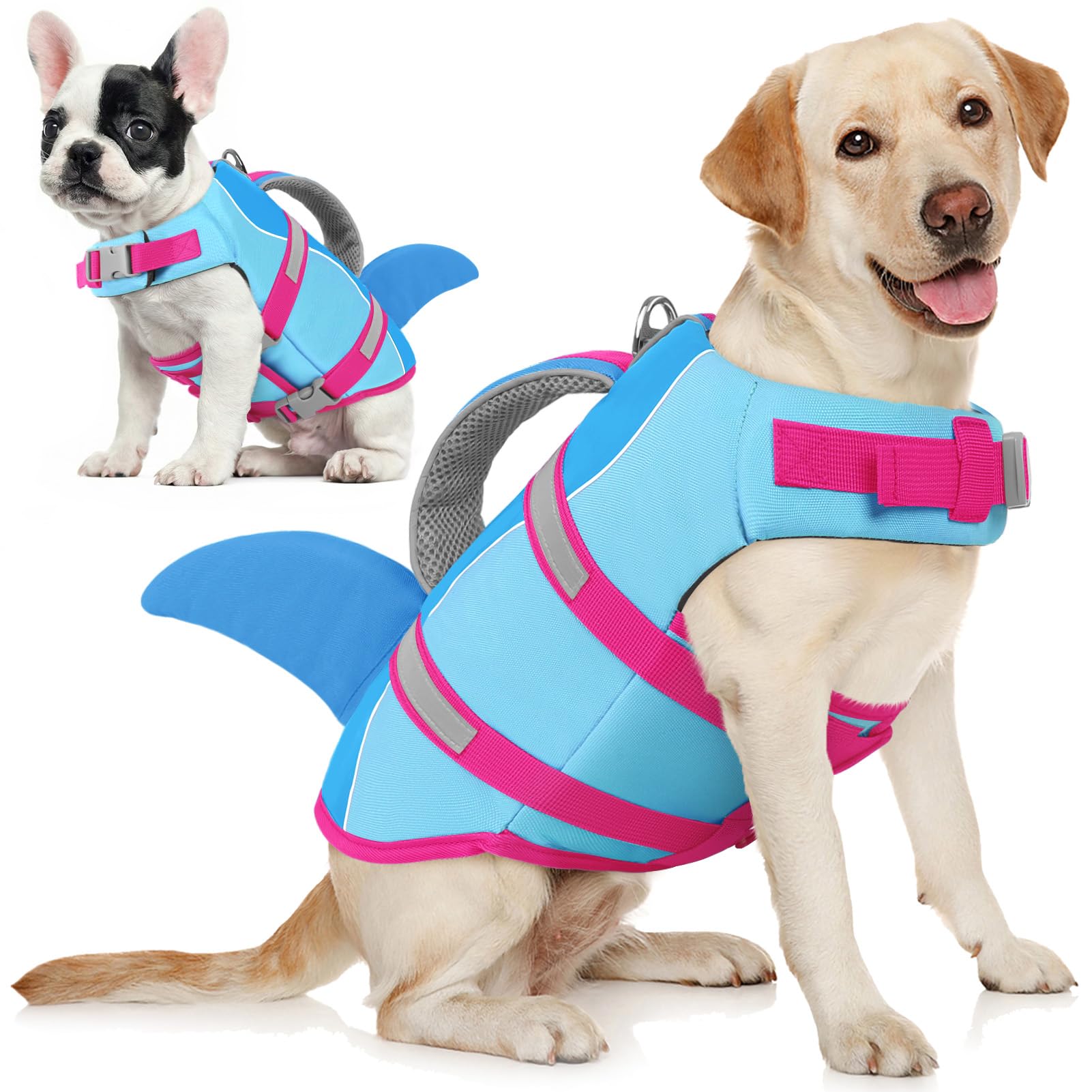 AOFITEE Schwimmweste Hund, Hundeschwimmweste Hai für Schwimmen, Hohe Flotation Rettungsweste mit Rettungsgriff und Reflektorstreifen für Kleine, Mittlere, Große Hunde