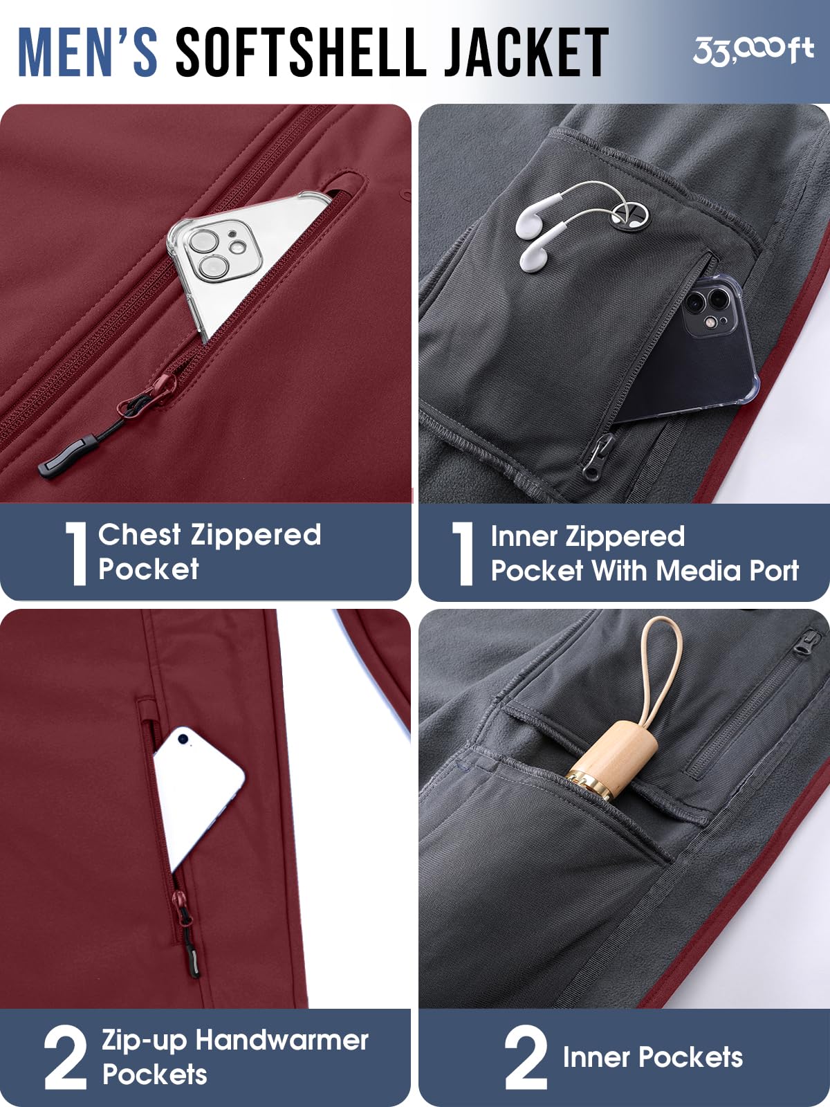 33,000ft Chaquetas impermeables para hombre, forro polar, chaqueta softshell, múltiples bolsillos, abrigo resistente al viento con capucha desmontable
