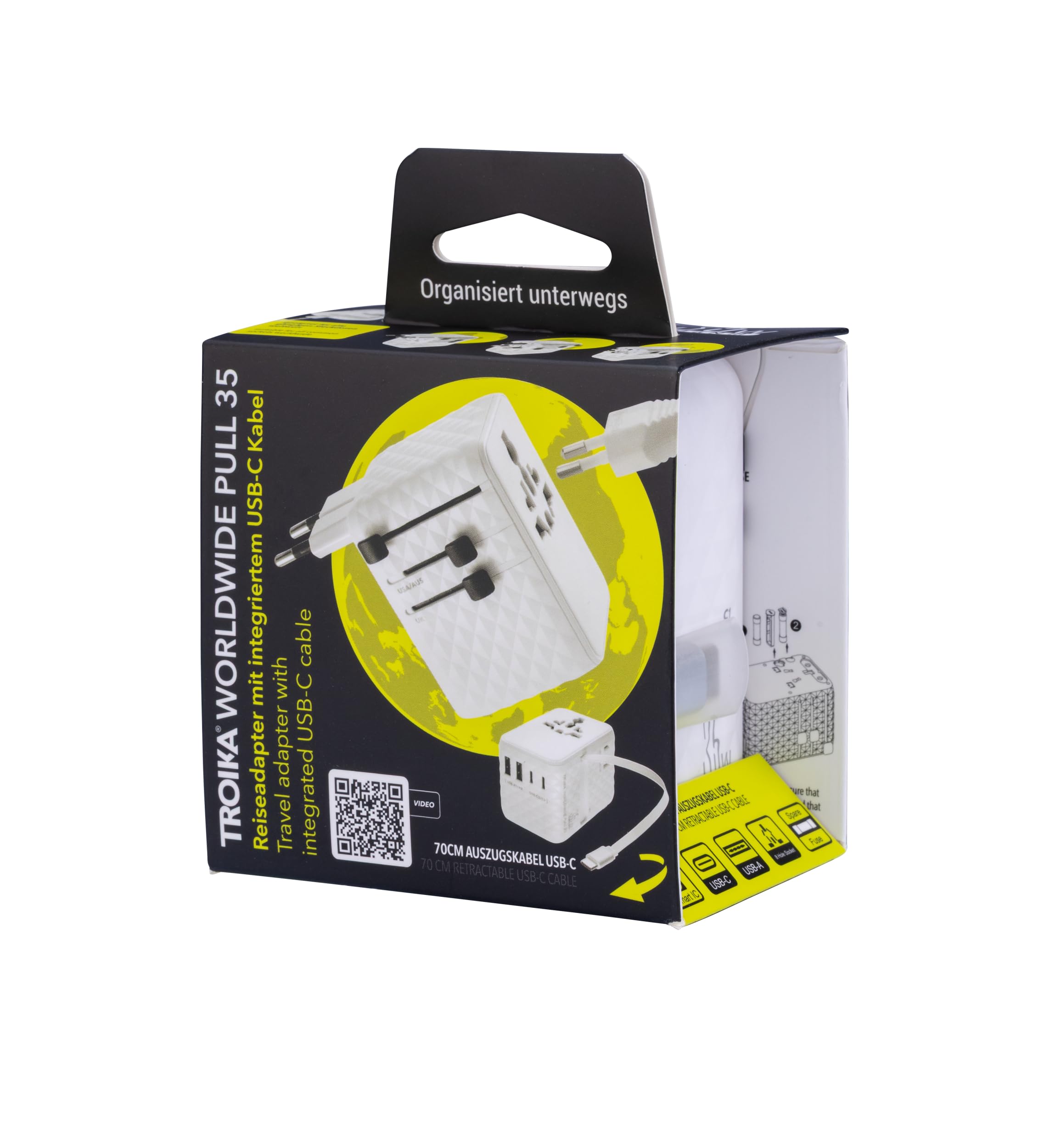 TROIKA Worldwide Pull 35 adapter podróżny na całym świecie/USA/WYŁ.UK/UK + USA/JP wraz z kablem USB-C do szybkiego ładowania i nadaje się do wszystkich powszechnie stosowanych gniazd wtykowych 5 w
