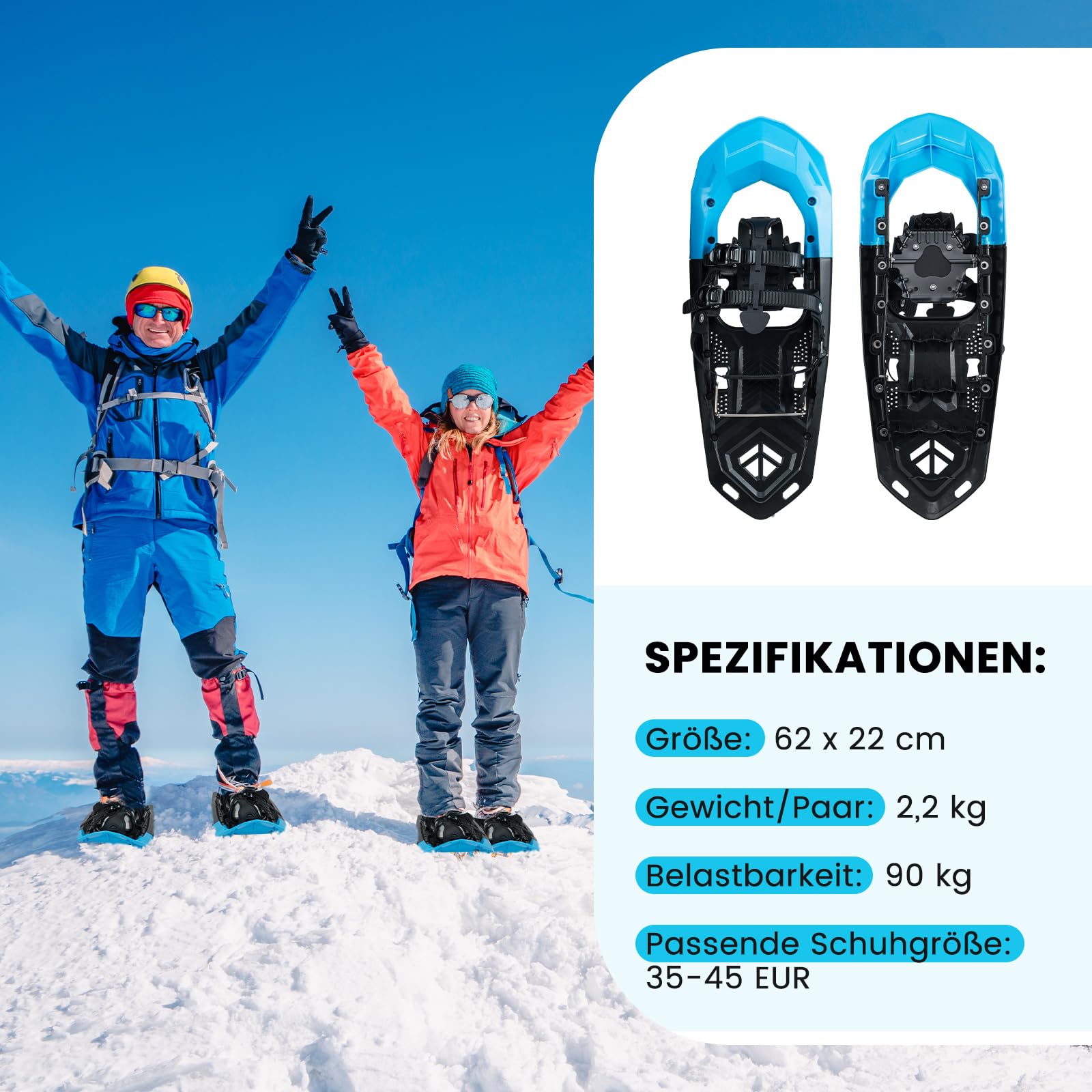 COSTWAY Schneeschuhe mit Steighilfe, Schuhgröße 35-45 bis 90kg, leichtes Schneeschuh-Set mit Trekkingstöcke & Tragetasche für Herren, Damen & Jugendliche