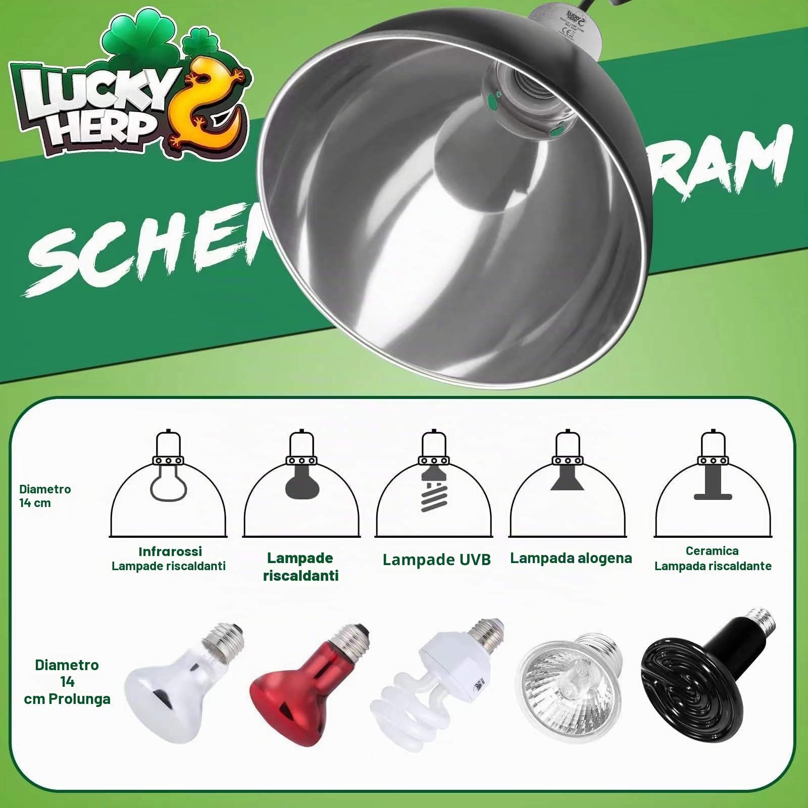 LUCKY HERP Portalampada Riscaldante per Tartaruga, Lampada Frontale per Rettili UVA UVB, Paralume Potenza Massima 250W Adatta per Rettili e Mammiferi