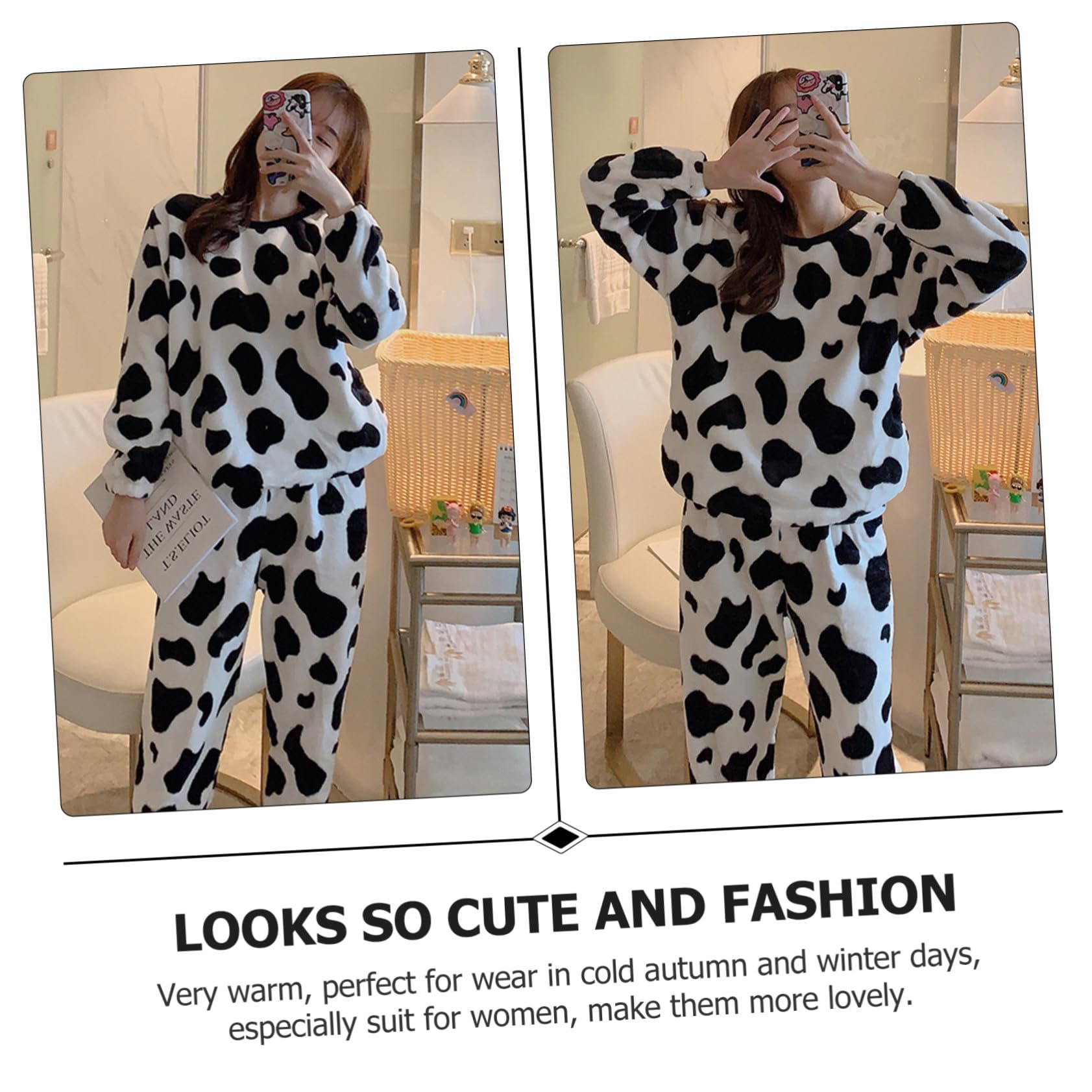 Uonlytech Pigiama Donna Invernale Set da Spesso e Confortevole Maniche Lunghe Caldo in Flanella Design Animale Mucca per Ragazze per Casa Autunno e Inverno
