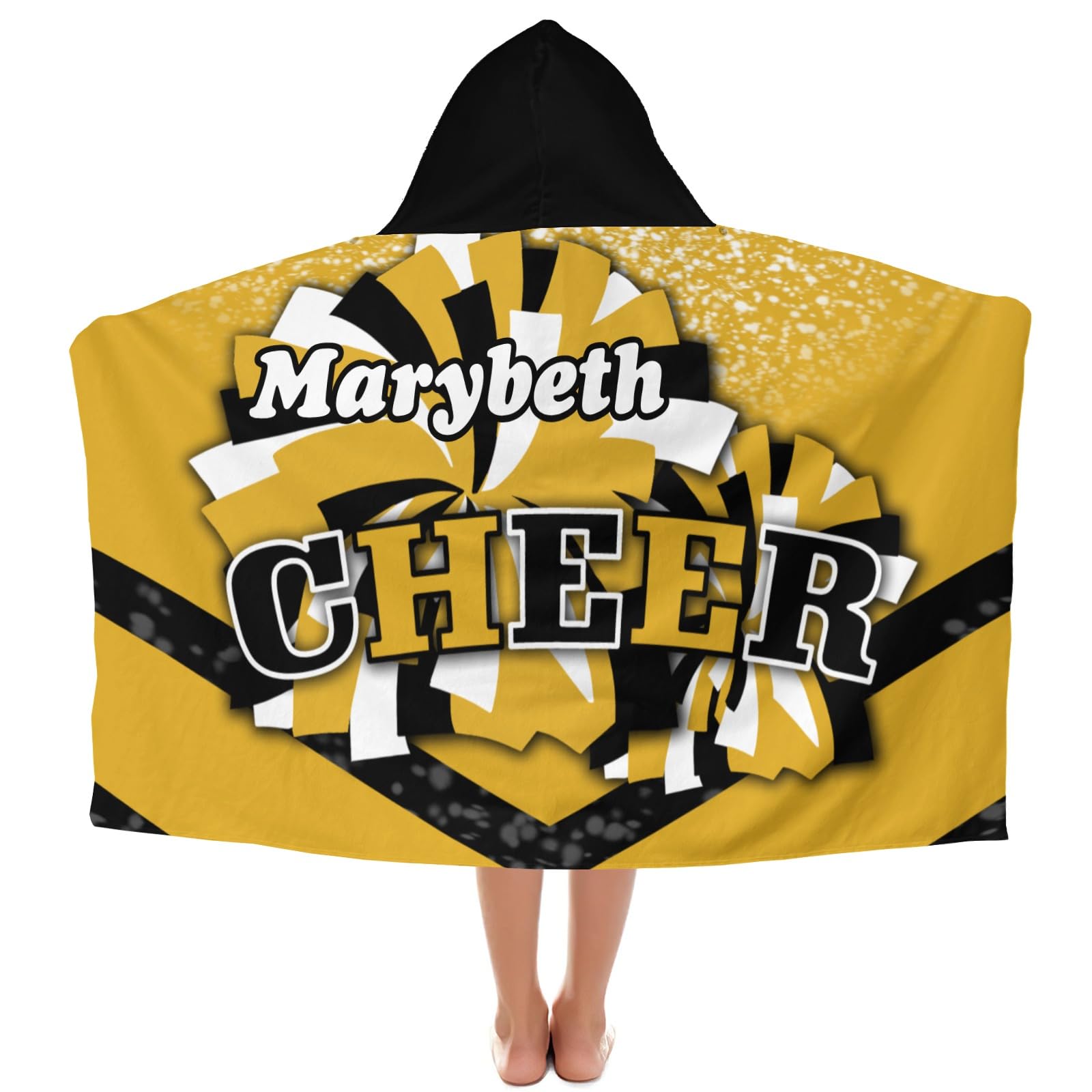 Personalized Black Yellow Cheer Customized Soft Kids Hooded Bath Towel,Boys Girls,for Bathroom,Pool,50x30 Inch,Strongly Absorbent,Wearable Wrap Suitable for Kids with Name