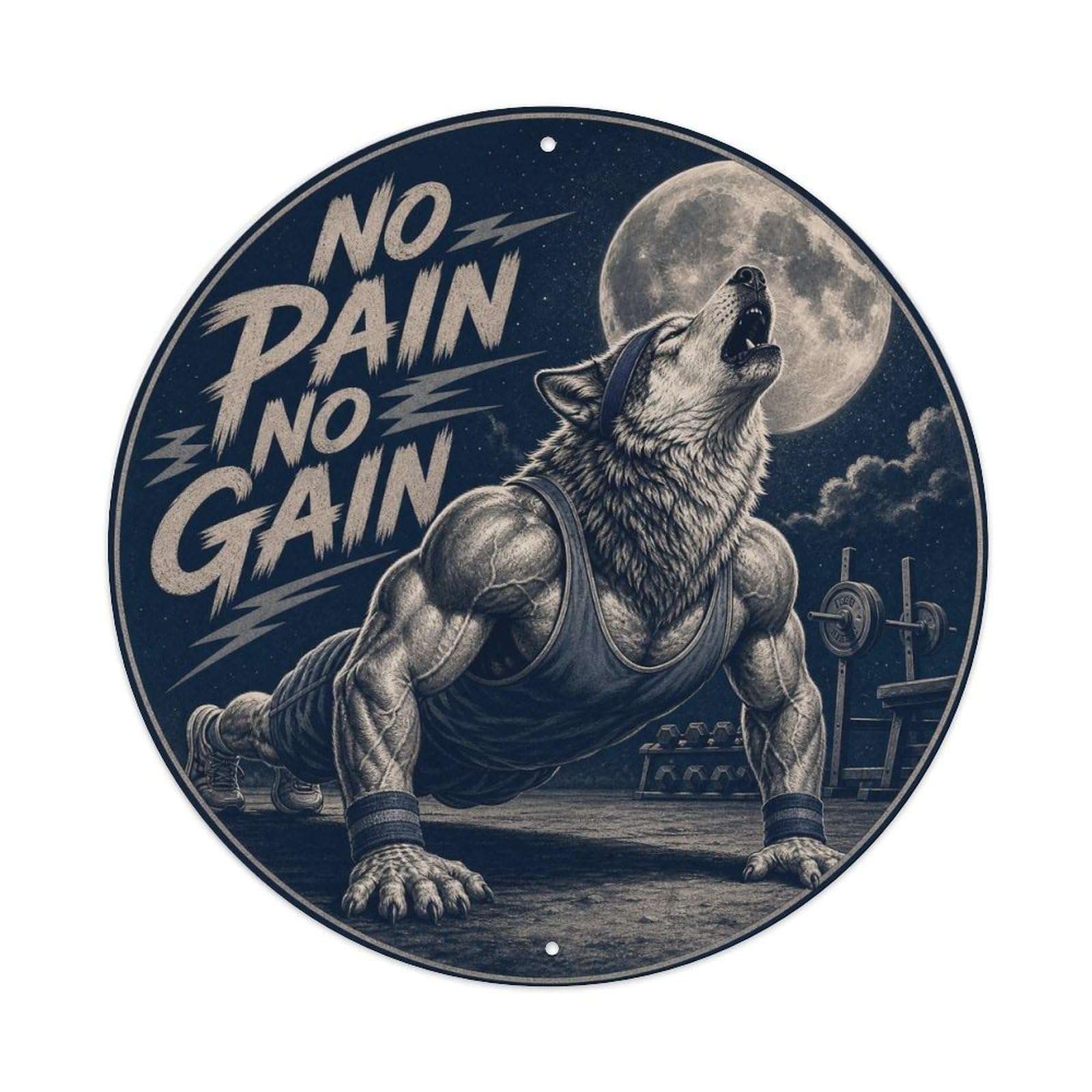 Okngb Style Wolf Pain Gain Quirky Animal Sticker Vintage Metal Tin Sign Plaque Wall Decor For Cafe, Man Cave, Club Bar, Office, Home Garden Round Metal Poster 8X8inch