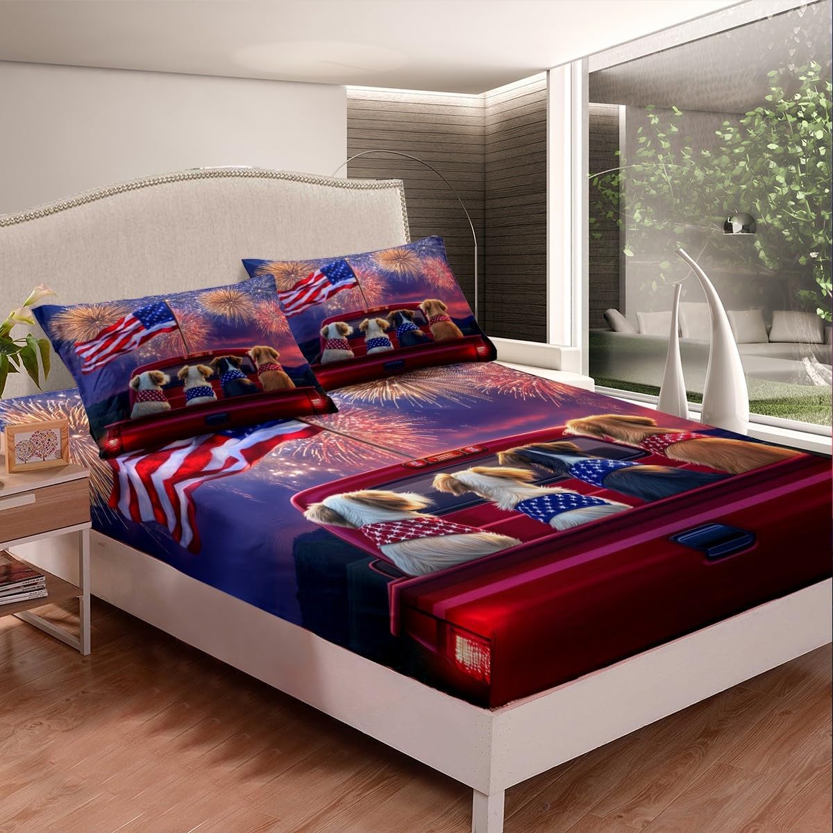 jejeloiu 4th of July Fitted Sheet Queen Size Kids Independence Day Bedding Set for Boys Girls Teens American Flag Dogs Bed Sheet Set Breathable Soft Lightweight
