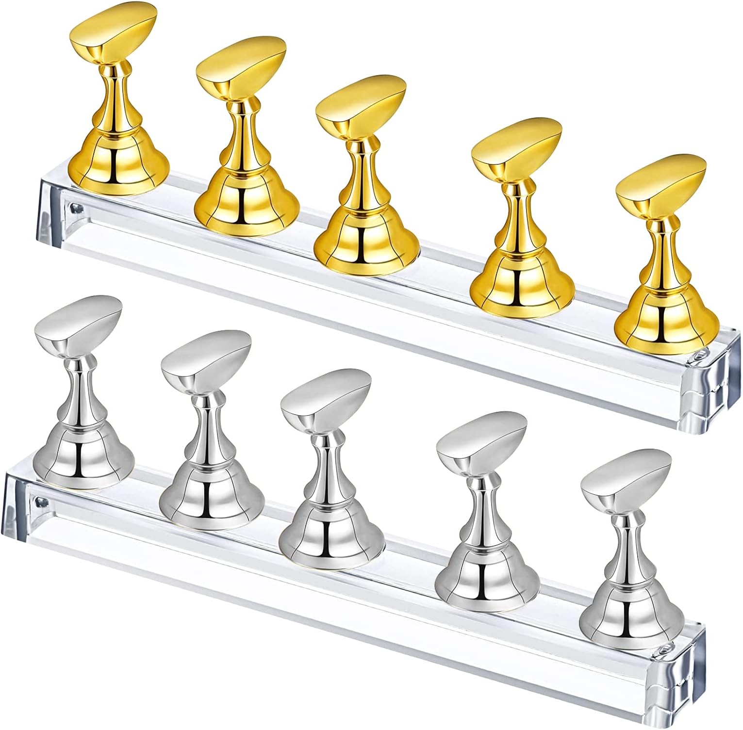 2 Sets Fingernail DIY Nail Art Stand, Magnetic Stuck Crystal Nail Art Holder, Training Fingernail Display Stands, Nail Art Practice Stands for False Nail Manicure Tool (Gold and Silver)