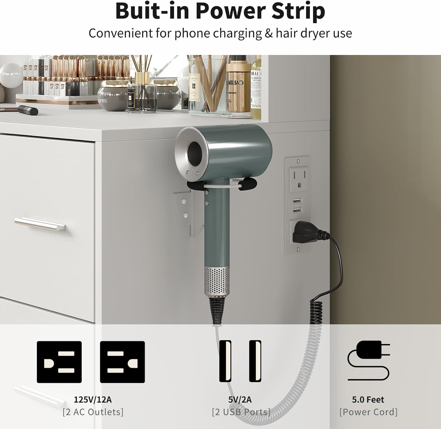 Built-in power strip with two AC outlets and two USB ports, next to a hair dryer holder