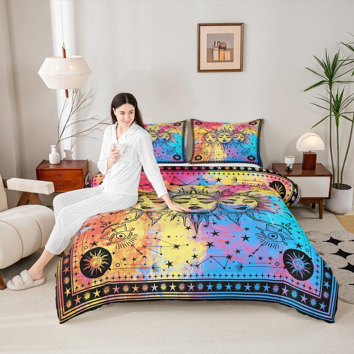 Erosebridal Boho Sun Moon Comforter Set Queen 3 Piece Rainbow Tie Dye Bedding Set Colorful Psychedelic Galaxy Duvet Set,Starry Night Decorations Quilted Comforter Trippy Celestial Constellation Duvet