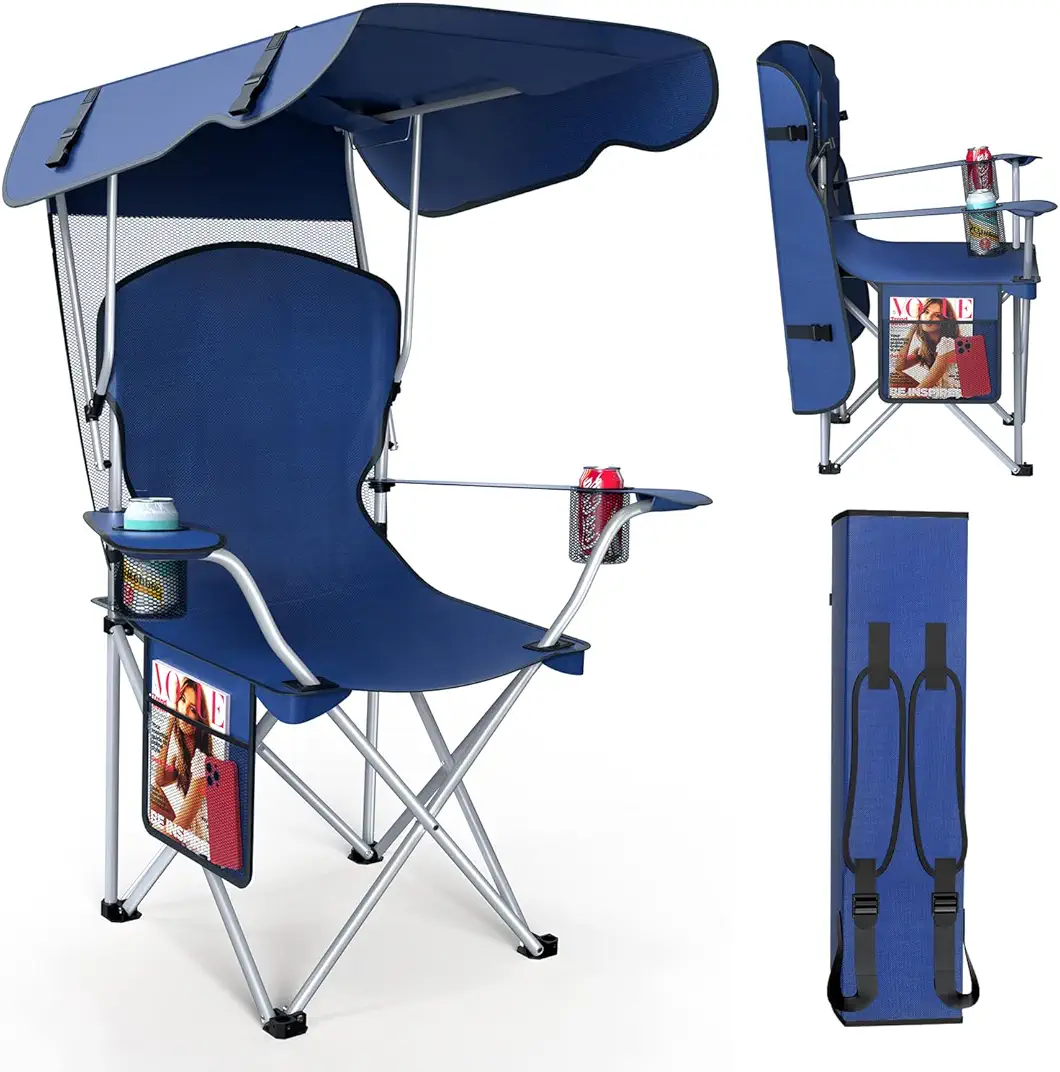VTOY(50”Hx36”W Lawn Chairs,Camping Chair with Canopy Foldable W/Sun Shadefor for Beach Camping Folding Outdoor Fishing/Sports|with Two Cup Holder and Storage Bag