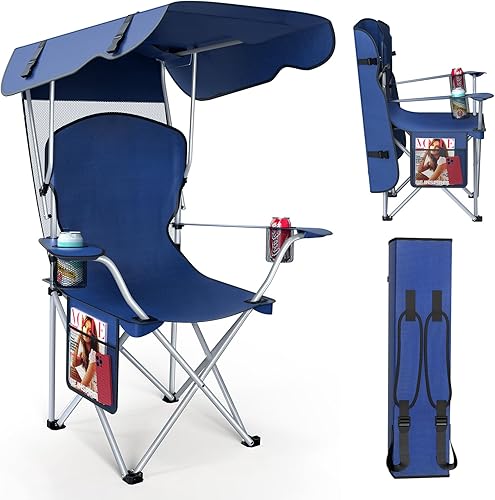 Silla de camping portátil con dosel, silla plegable con toldo, silla Oxford 600D duradera para camping, playa, picnic, pesca y deportes