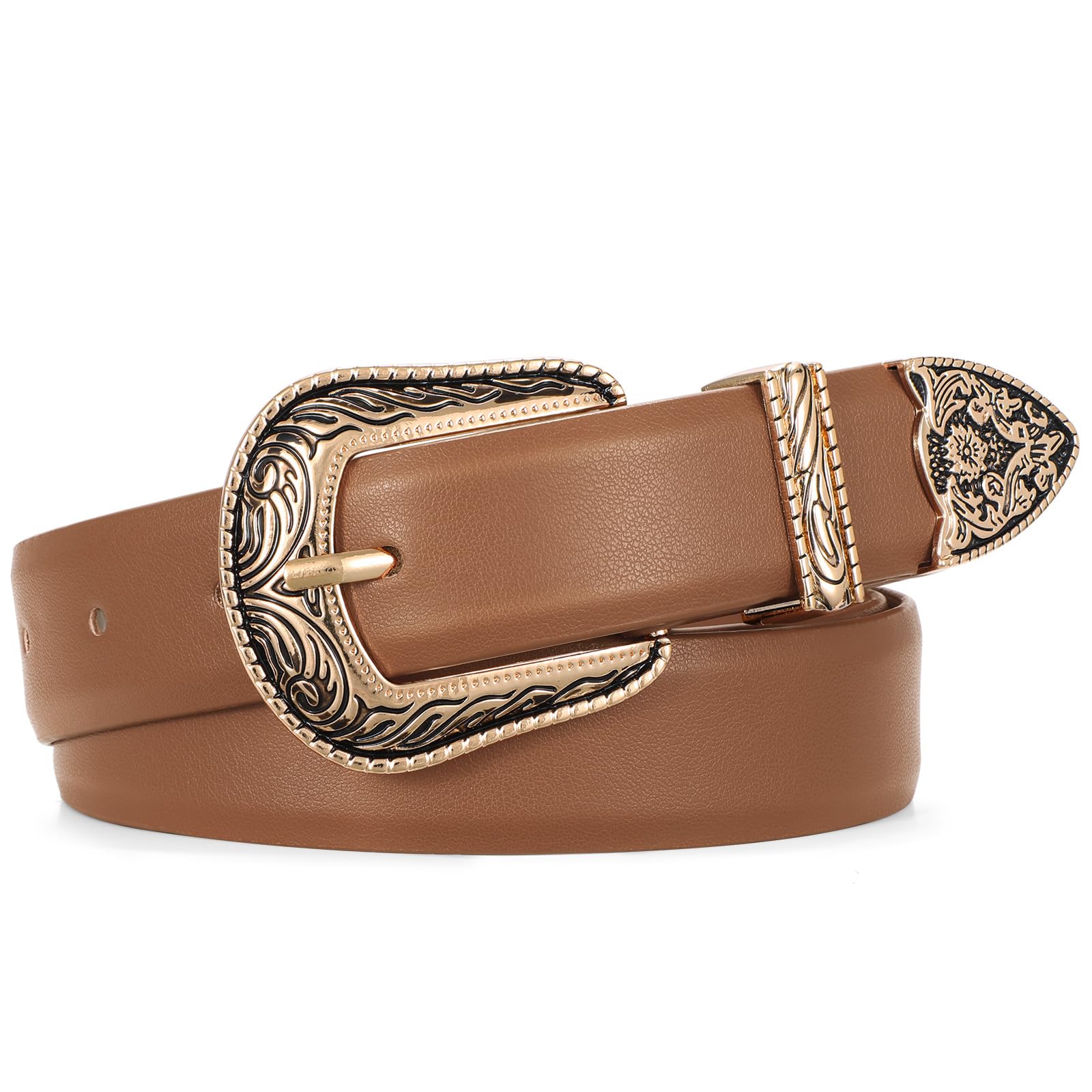SUOSDEY Western Women Leather Belts for Jeans Dresses with Vintage Metal Buckle