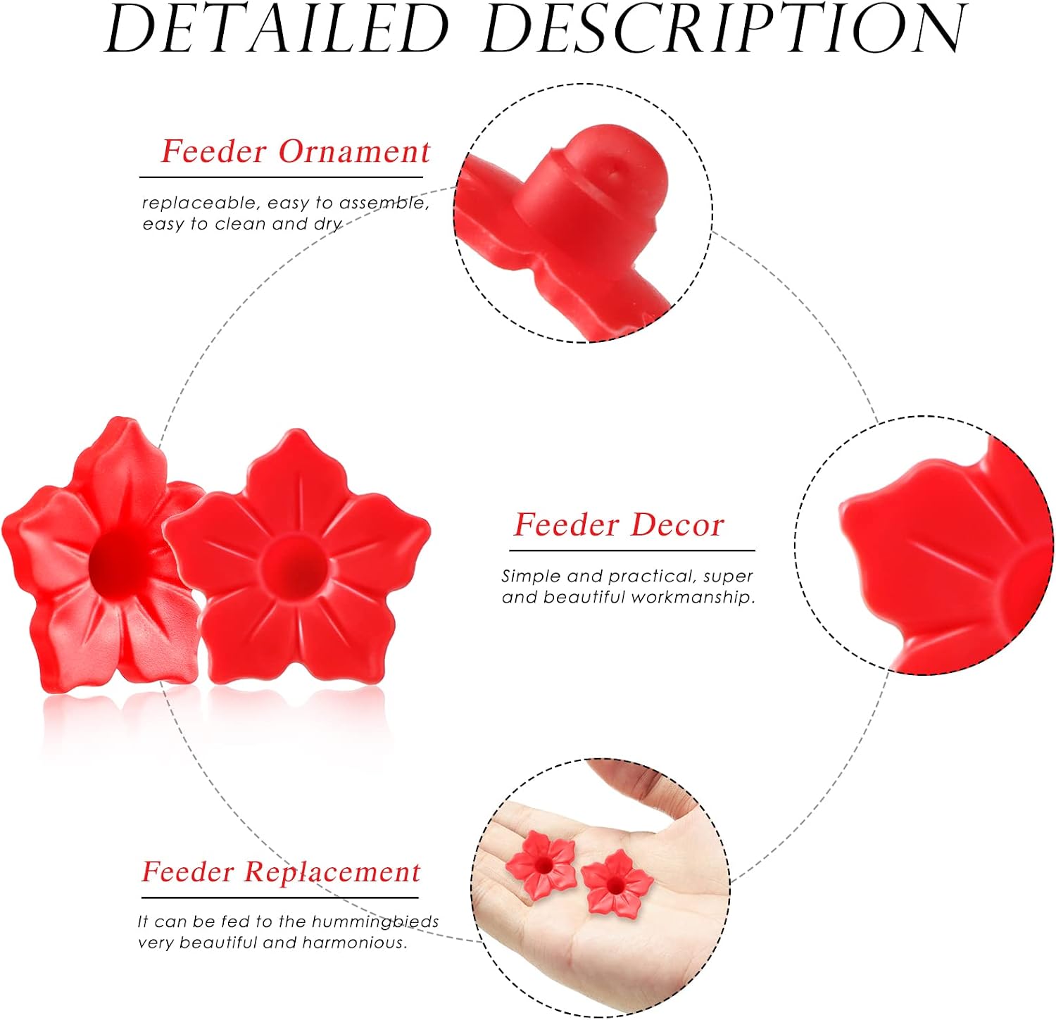 Baderke 24 Pcs Hummingbird Feeder Replacements Flowers Pet Bird Feeder Replacement Parts Fit in 0.3" Holes Plastic Flowers Feeding Ports for Outdoors Hummingbird Feeders Mason Jar Hanging Feeders