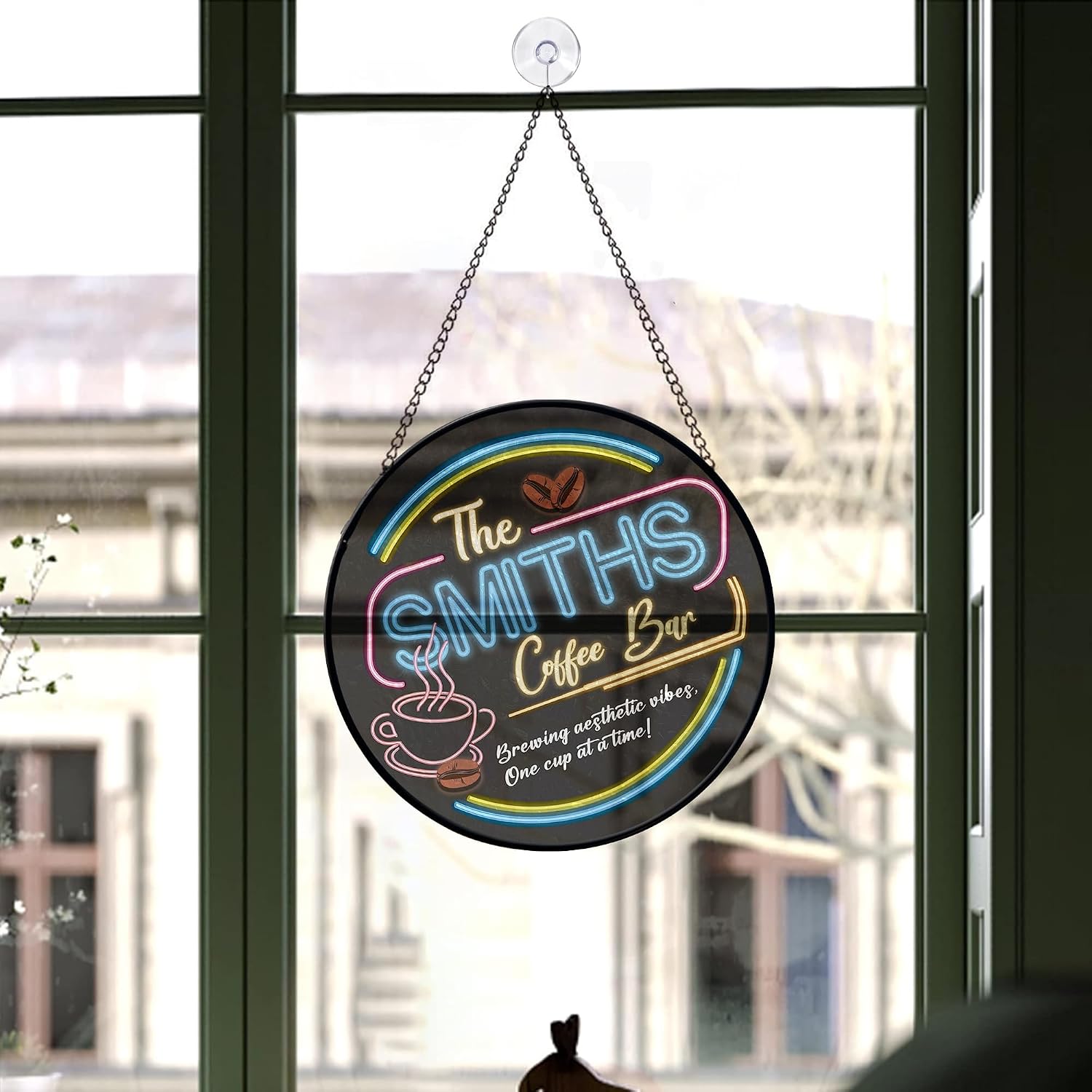 Personalized Coffee Stained Glass Sign, Suncatcher for Window Hanging Coffee Station Decorations, Glasses Sign for Home Bar, Kitchen Decorative (No Real LED Light)