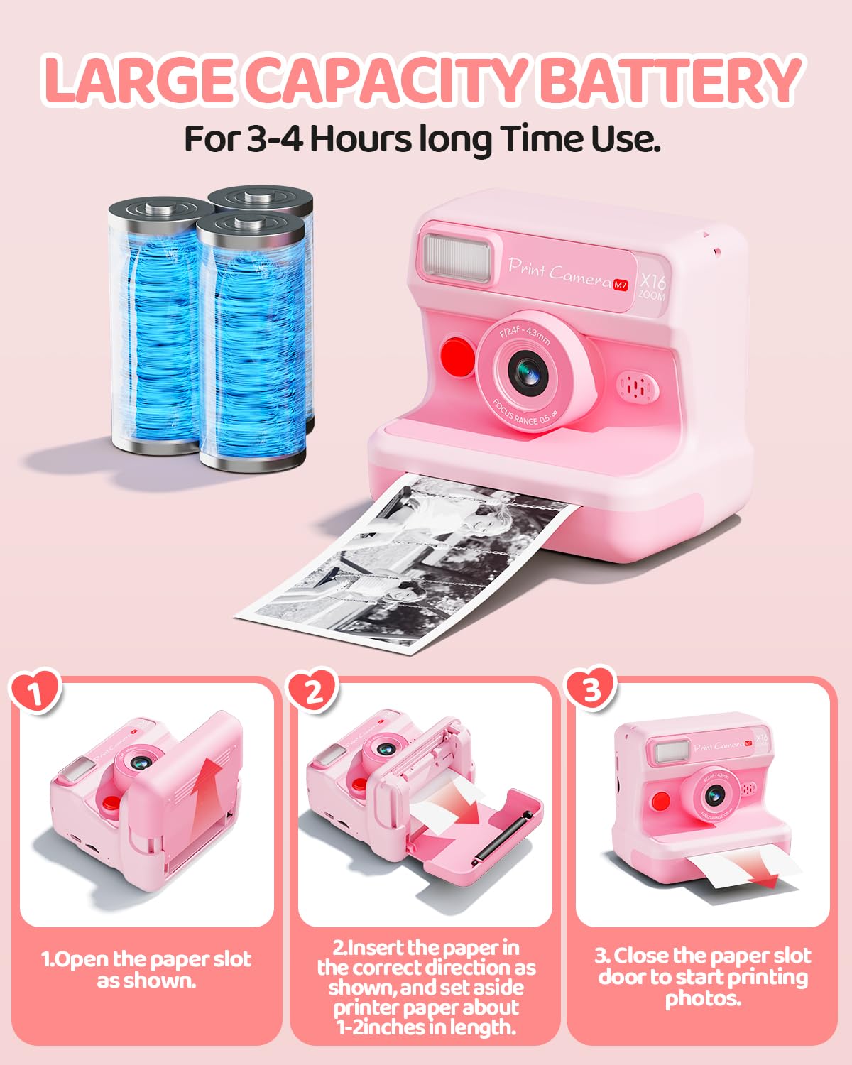 CalineGam Macchina Fotografica Bambini Istantanea, HD 1080P Macchina Fotografica Istantanea con Scheda da 32 GB e 3 Rotoli di Carta, Regalo di Natale per Ragazze Ragazzi dai 3 ai 14 Anni