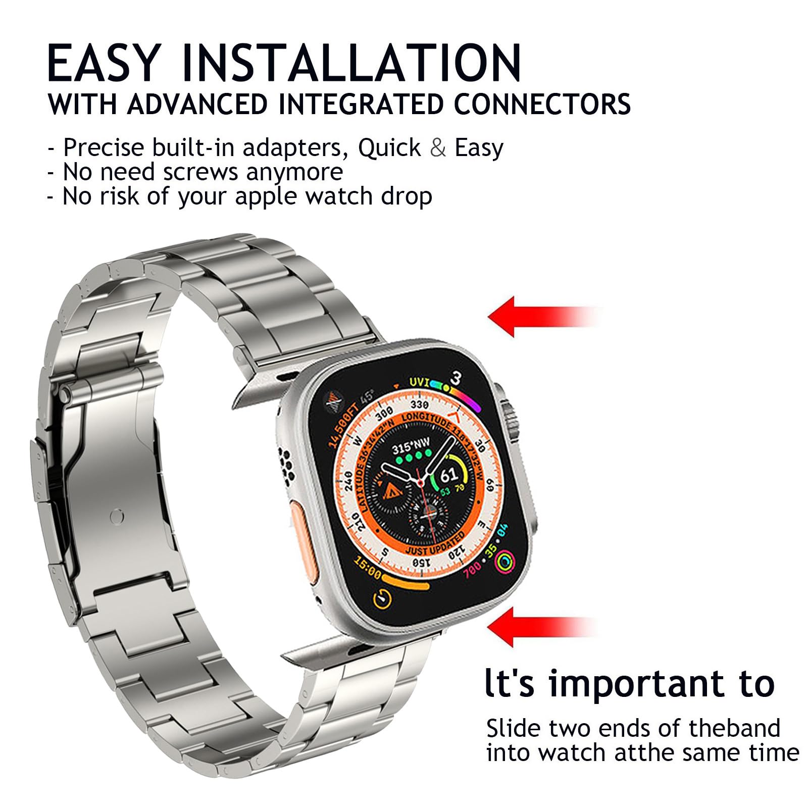 Pasek kompatybilny z zegarkiem Apple Watch 49 mm, 45 mm, 44 mm, 42 mm, 41 mm, 40 mm, 38 mm, oryginalny tytanowy metal, zamiennik paska do iWatch serii 9, 8, SE, 7, 6, 5, 4, 3, 2, 1, Ultra 1,