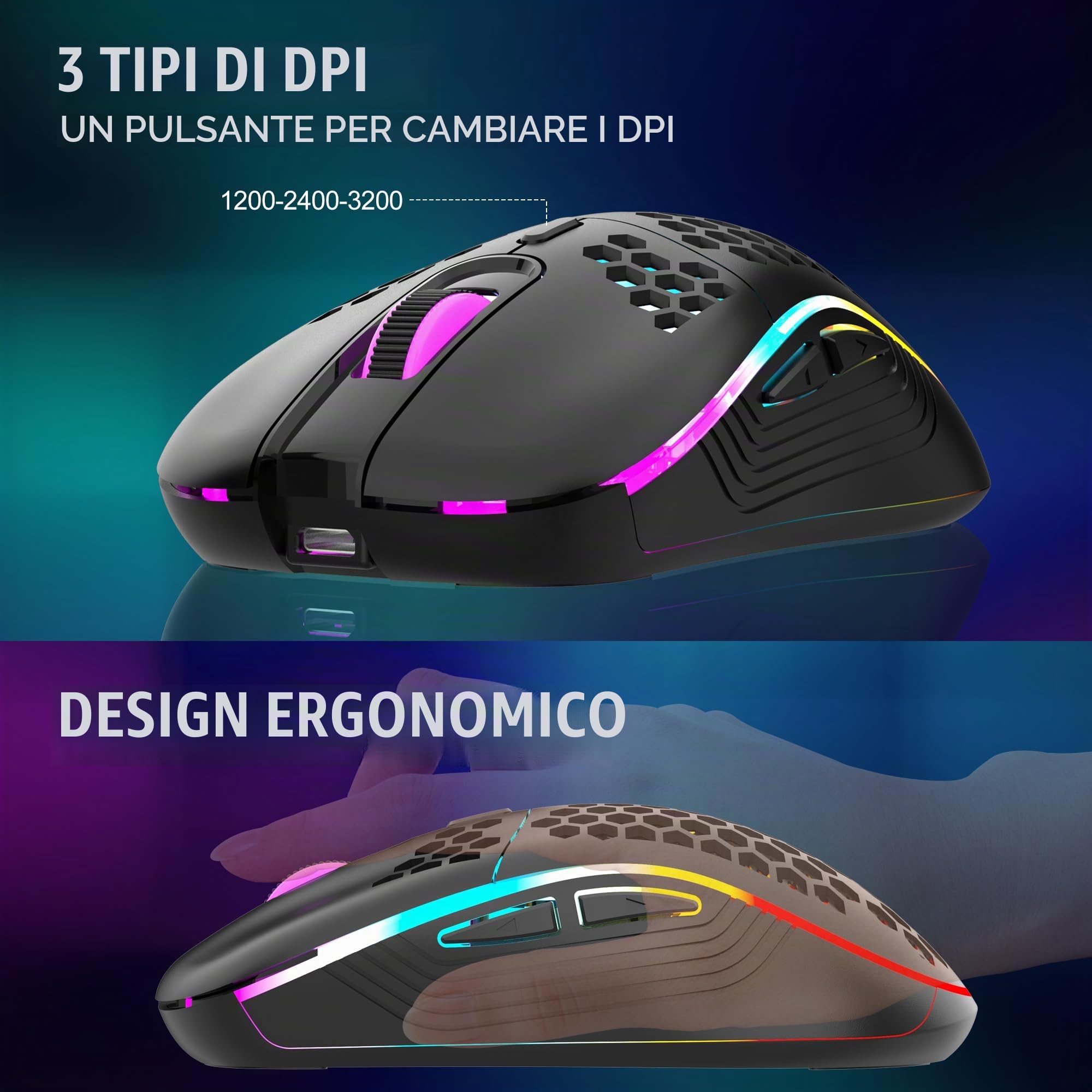 RedThunder K62 - Tastiera e mouse da gaming RGB 60% wireless in lingua spagnola, mini tastiera ultra compatta retroilluminata ed ergonomica, mouse da gaming ottico 3200 DPI, compatibile con PC, PS5