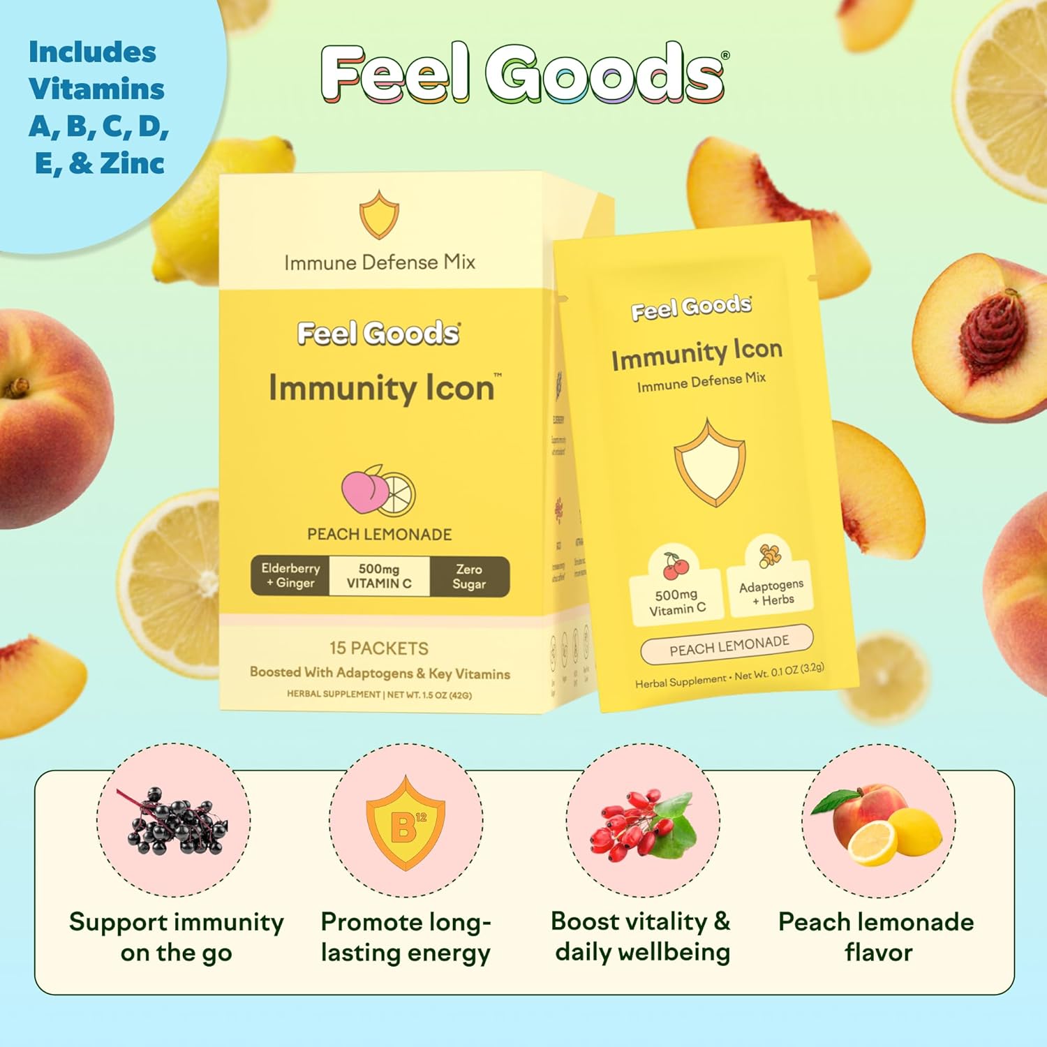 Feel Goods Immunity Icon, Vitamin C Immune Support Powder Packets - 500mg Vitamin C, Elderberry, Ginger, Turmeric & Key Vitamins for Daily Immune Health - Sugar-Free & Caffeine-Free Drink Mix Packets