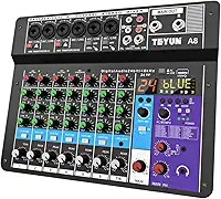 A8 Console de mistura,8 Canais Mixer Profissional para Shows ao Vivo, Karaokê - USB/Bluetooth, Efeito de Reverb, Saída de Monitoração, Controle de Som Estúdio e Palco (Alimentação 110V/127V/220V)