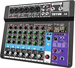 A8 Console de mistura,8 Canais Mixer Profissional para Shows ao Vivo, Karaokê - USB/Bluetooth, Efeito de Reverb, Saída de Monitoração, Controle de Som Estúdio e Palco (Alimentação 110V/127V/220V)