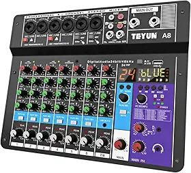 A8 Console de mistura,8 Canais Mixer Profissional para Shows ao Vivo, Karaokê - USB/Bluetooth, Efeito de Reverb, Saída de Monitoração, Controle de Som Estúdio e Palco (Alimentação 110V/127V/220V)