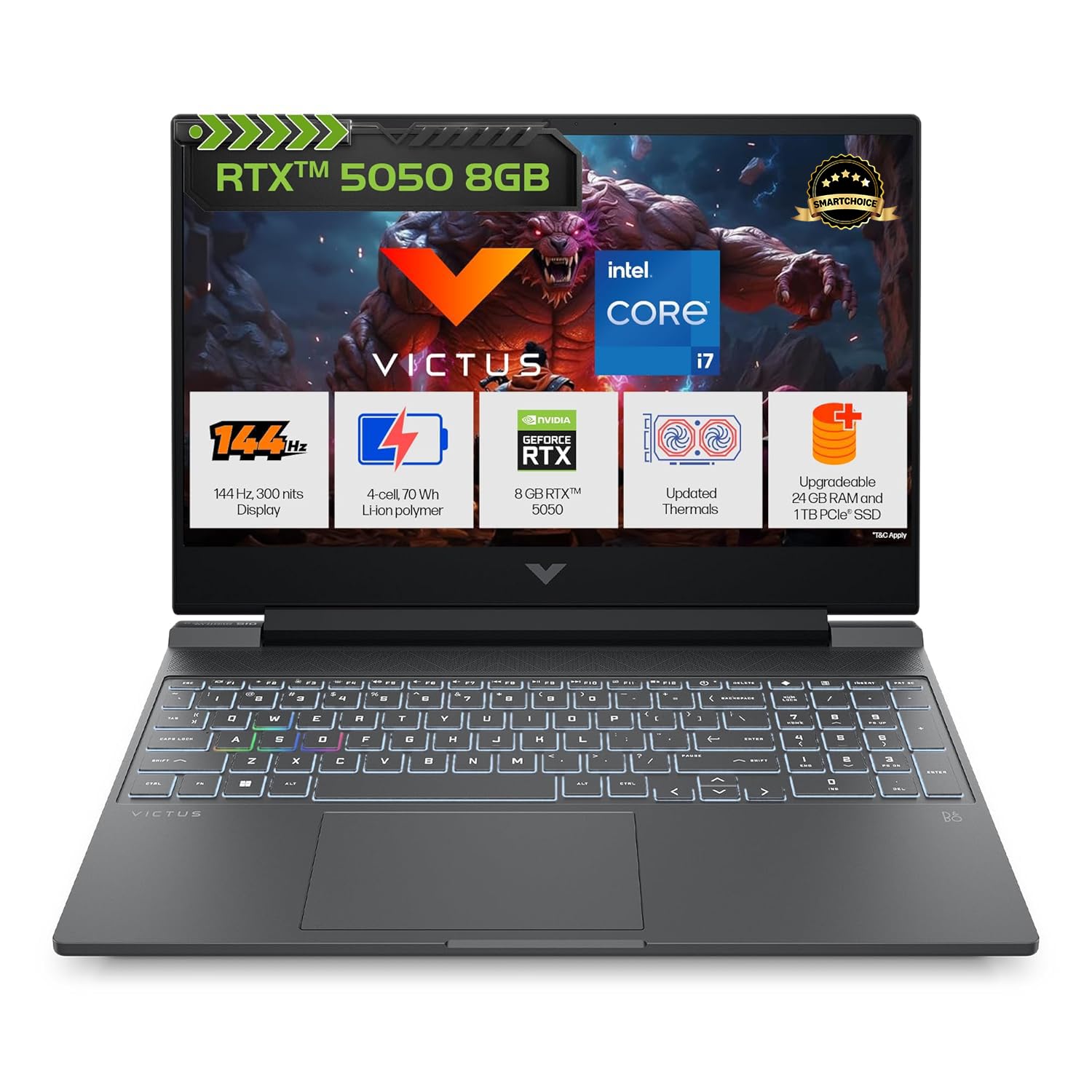 HP Smartchoice Victus, 13th Gen Intel Core i7-13620H, 8GB RTX 5050, 24GB DDR5(Upgradeable) 1TB SSD, 144Hz, FHD, 15.6''/39.6cm, Win11, M365* Office24, Mica Silver, 2.29kg, fa2309TX, RGB Gaming Laptop