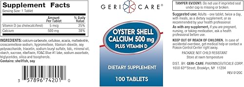 Miniatura 2 de GeriCare Oyster Shell Calcio 500mg + Vitamina D, Salud ósea, Tabletas de suplemento nutricional, 100 unidades (paquete de 1)