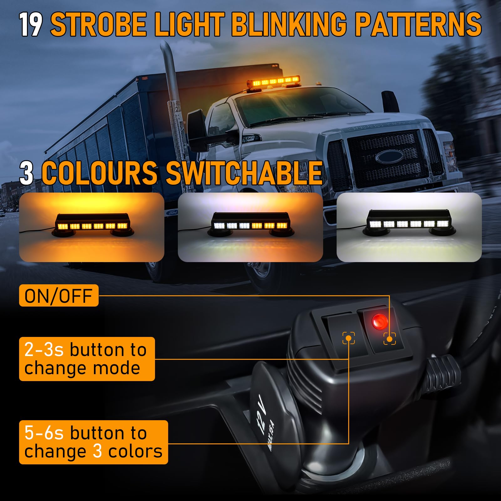 Dinfu 19 Intermitente luz estroboscópica LED de Advertencia de Doble Cara 6 Piezas COB LED Intermitente luz Ajustable 3 Colores Coche Barra de luz para el Coche camión Tractor Techo