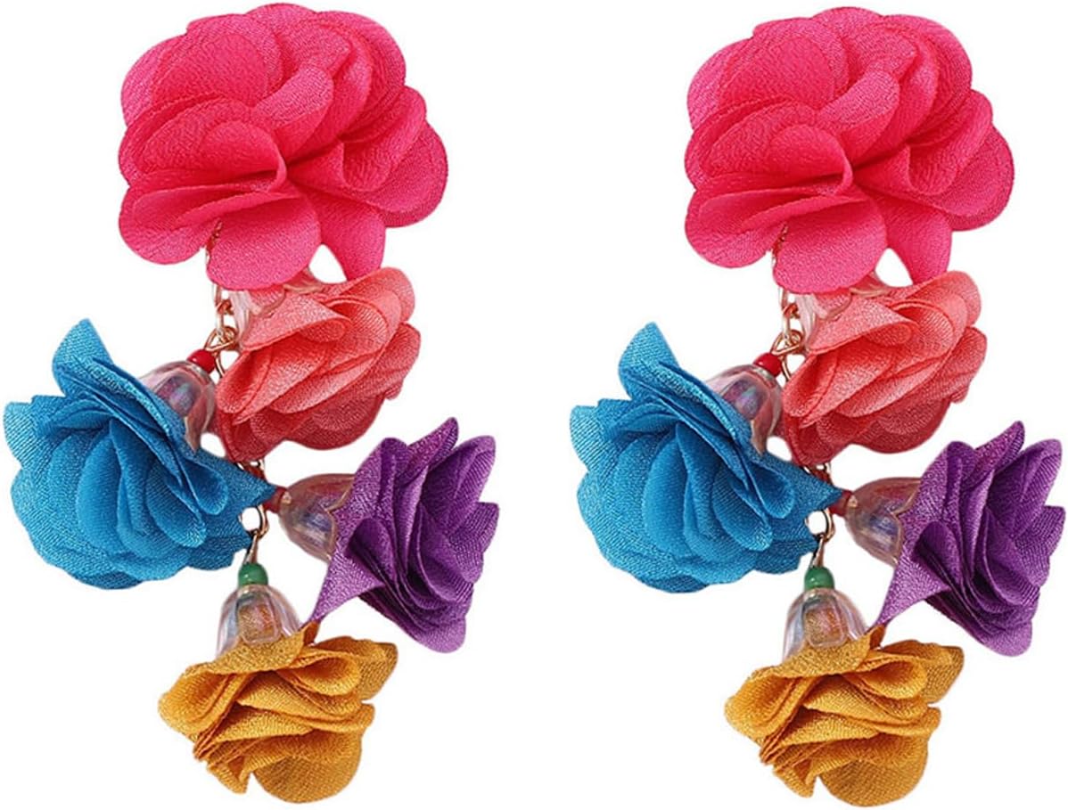 Boho Flower Earrings for Women Colorful Long Floral Drop Dangle Earrings Lightweight Fabric Petal Statement Earrings Trendy Holiday Jewelry Gifts
