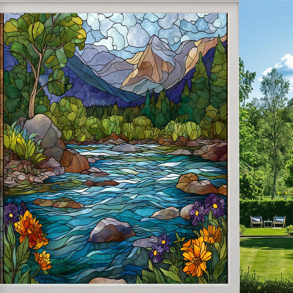 Colorful Mountain River Frosted Window Film, Nature Wildflowers Stream Stained Glass Privacy Film, Heat Insulation Self-Adhesive Vinyl for Bathroom Office, （90x140cm）
