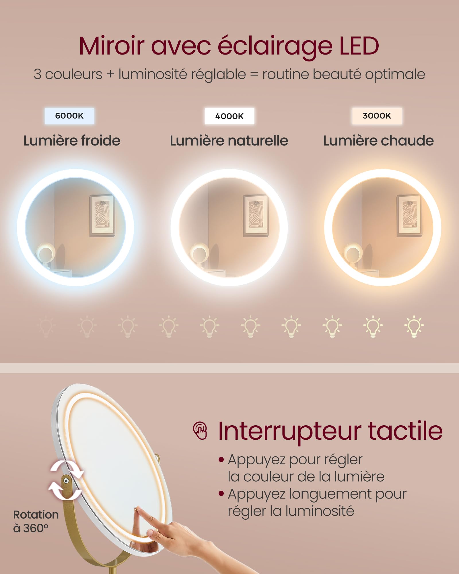 VASAGLE Coiffeuse avec Miroir Pivotant et Taboutret, Miroir Coiffeuse, avec Éclairage et Multiprise, Tabouret Rembourré, pour Chambre, Coiffeuse, 40 x 80 x 134,8 cm, Blanc Mat et Doré Clair RVT019W01