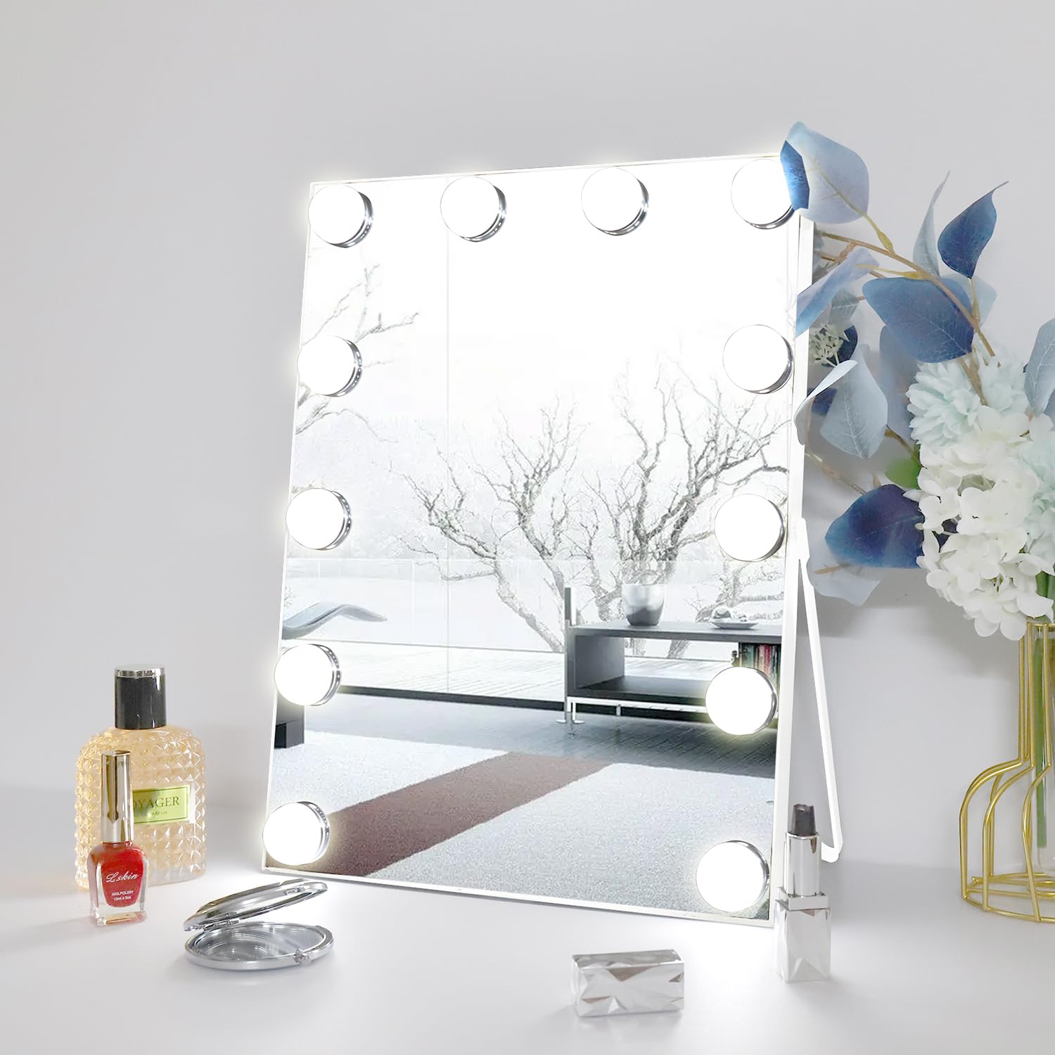 LilyHomeLilyHome 10"x 12" Vanity Mirror with Lights, Hollywood Lighted Makeup Mirror with 3 Color Modes and 12 Dimmable Diamond LED Light Bulbs, Touch Control for Bedroom, White