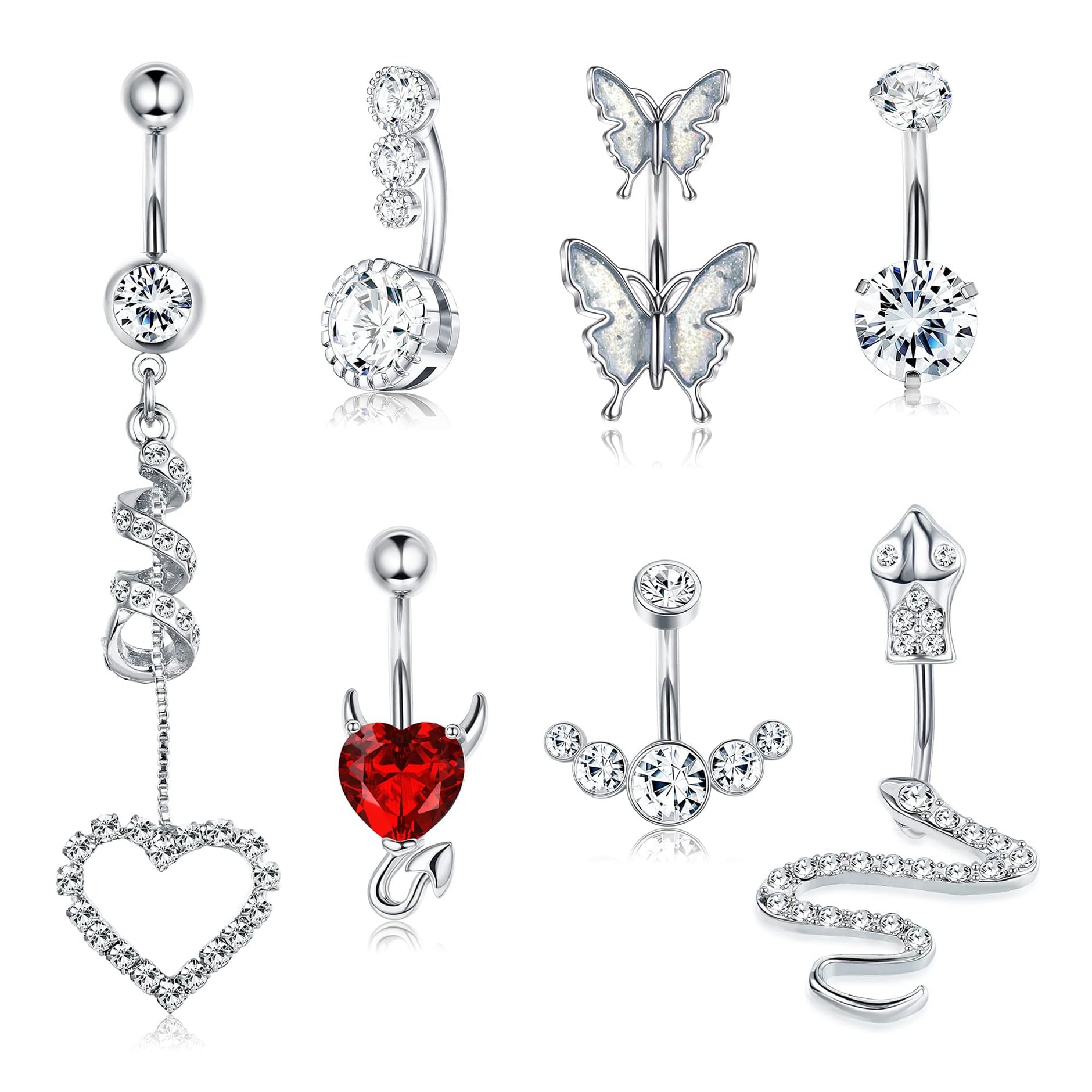CASSIECA7 Piezas Piercing Ombligo para Mujer Piercing Ombligo Acero Quirurgico Piercing Ombligo Embarazada Colgantes para Piercing de Ombligo Serpiente Corazón Mariposa CZ Anillos para Ombligo 14G