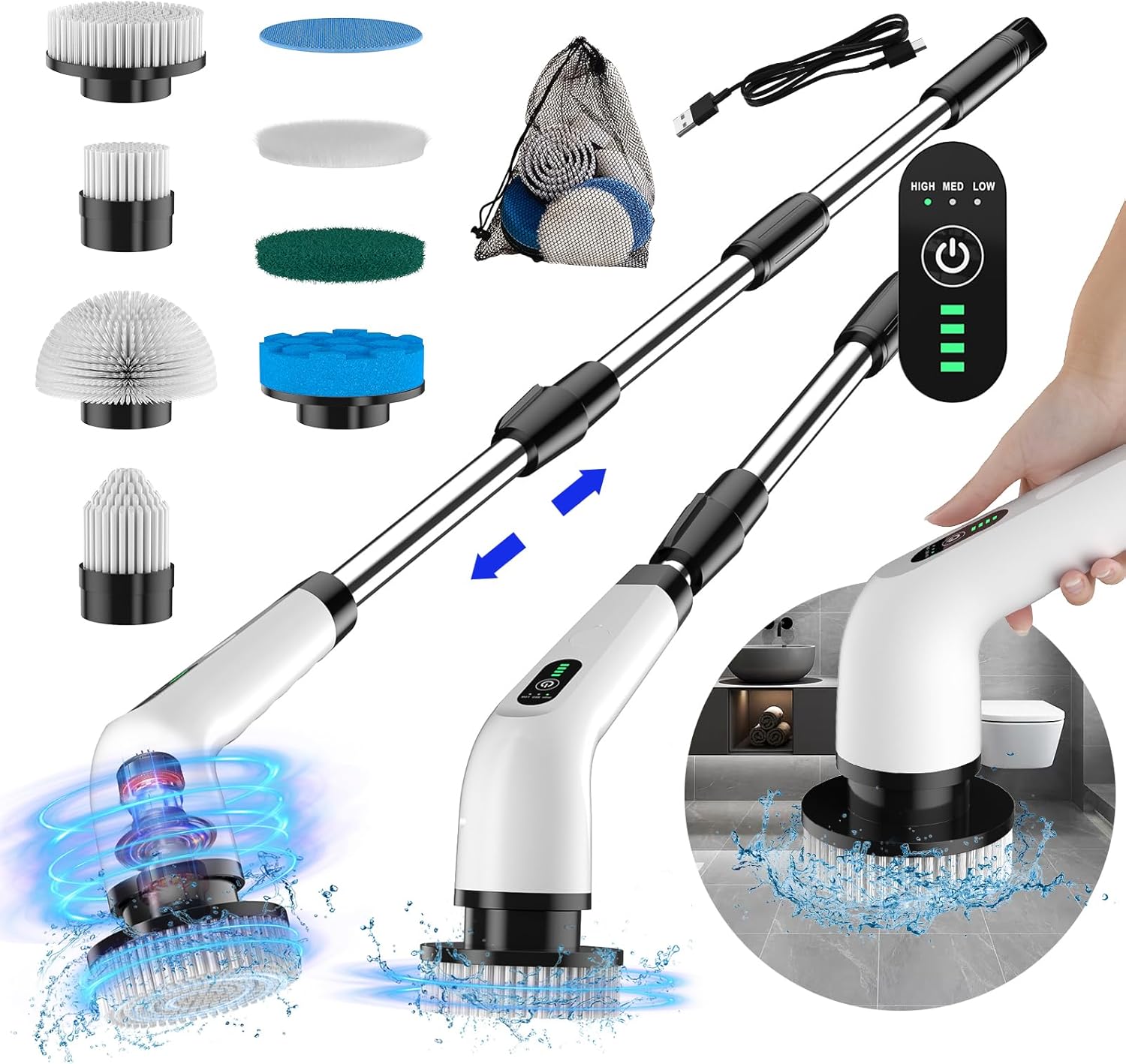 Limpiador eléctrico giratorio de 3 velocidades para baño, 120 minutos de funcionamiento, cepillo de limpieza inalámbrico con 8 cabezales de cepillo,
