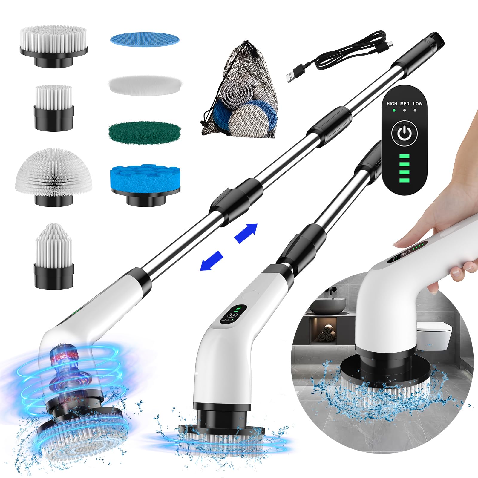3-Speed Electric Spin Scrubber for Bathroom 120Mins Runtime Cordless Power Cleaning Brush with 8 Brush Heads 3000mAh Shower