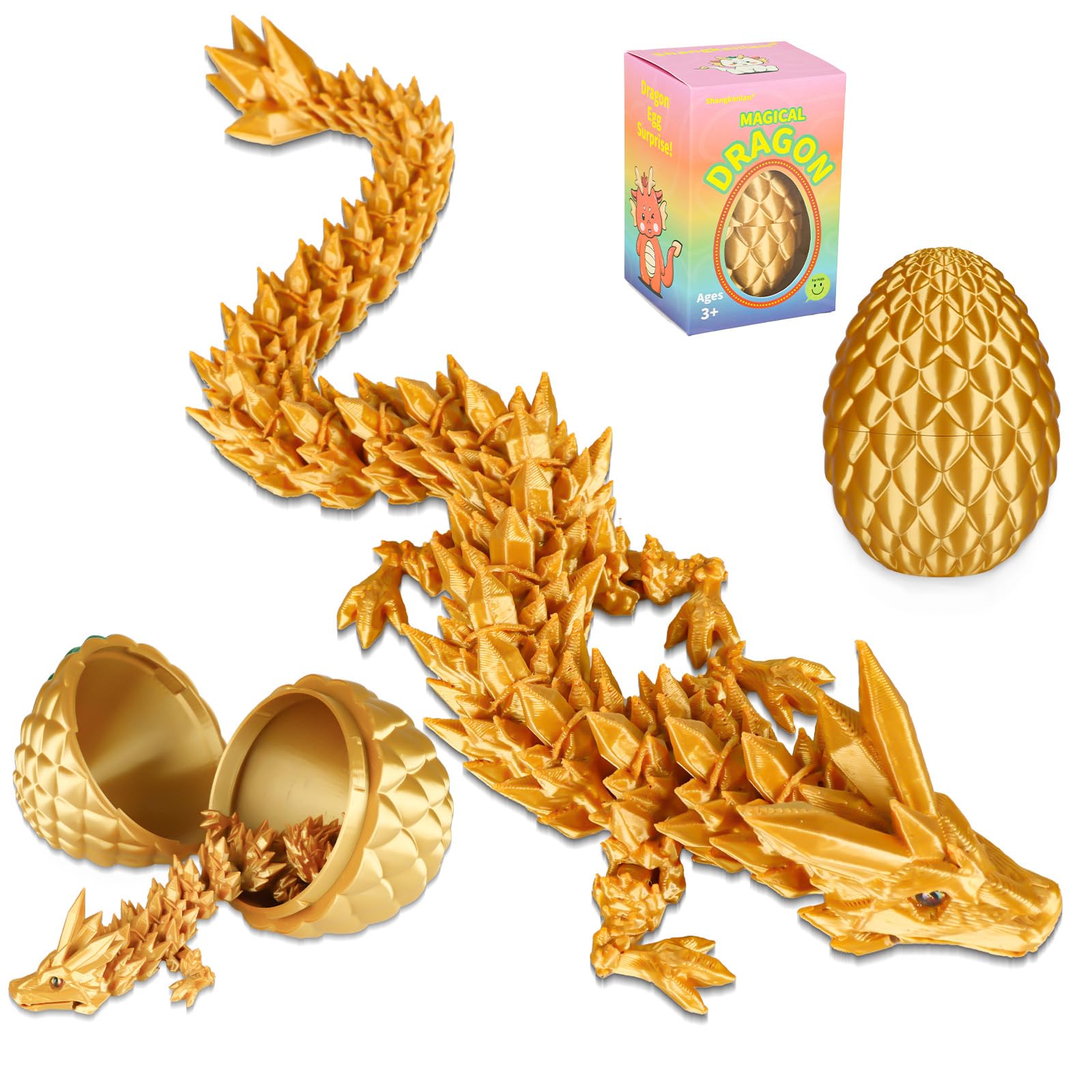 Shangkanlan 3D Printed Dragon in Egg - Fully Articulated Crystal Figurine for Christmas Easter Birthdays, Executive Desk Decor (Golden new)
