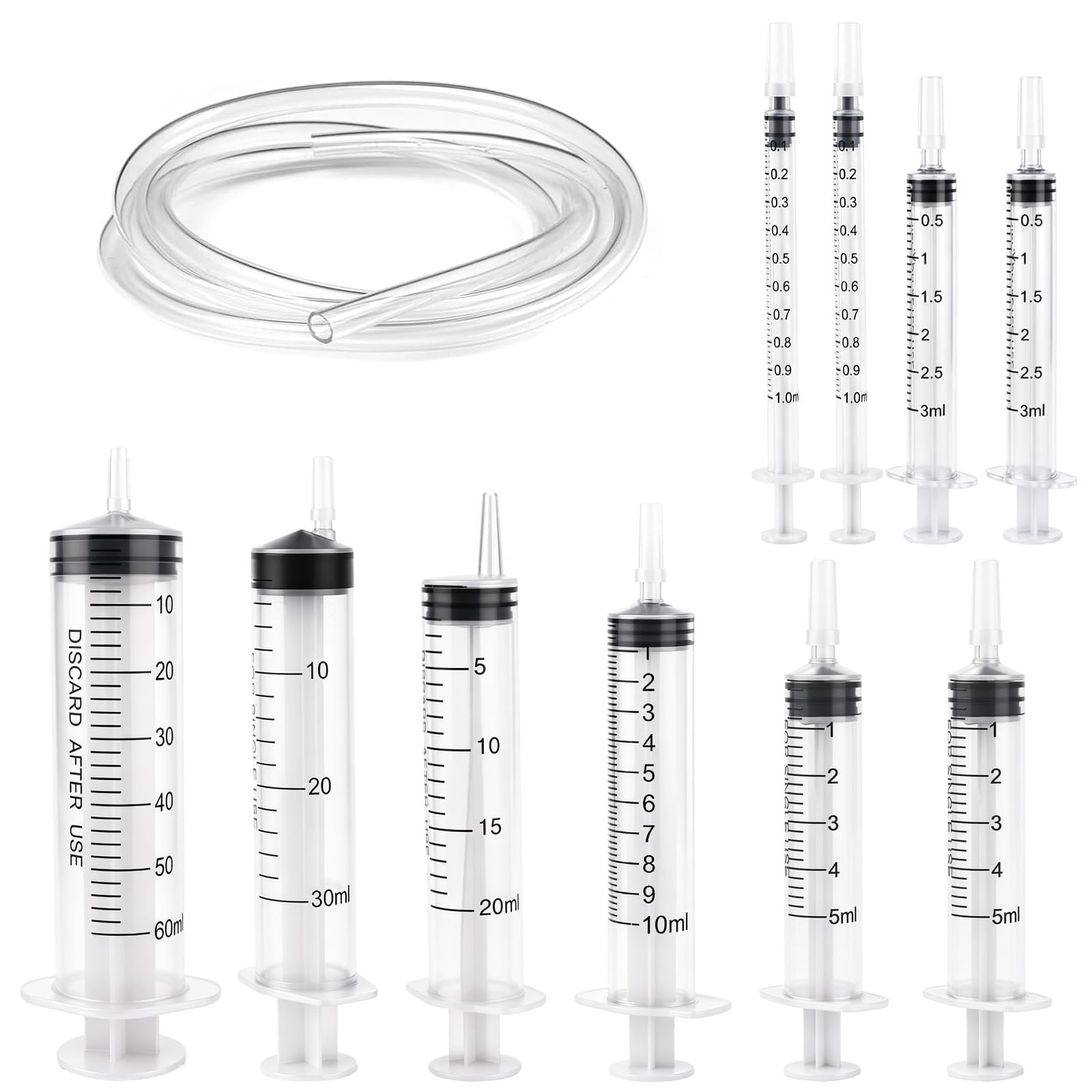 10 sztuk strzykawek 1 ml, 3 ml, 5 ml, 10 ml, 20 ml, 30 ml, 60 ml, z wężem, strzykawka do dozowania płynów dla hobbystów i majsterkowiczów, indywidualnie zapieczętowane opakowanie