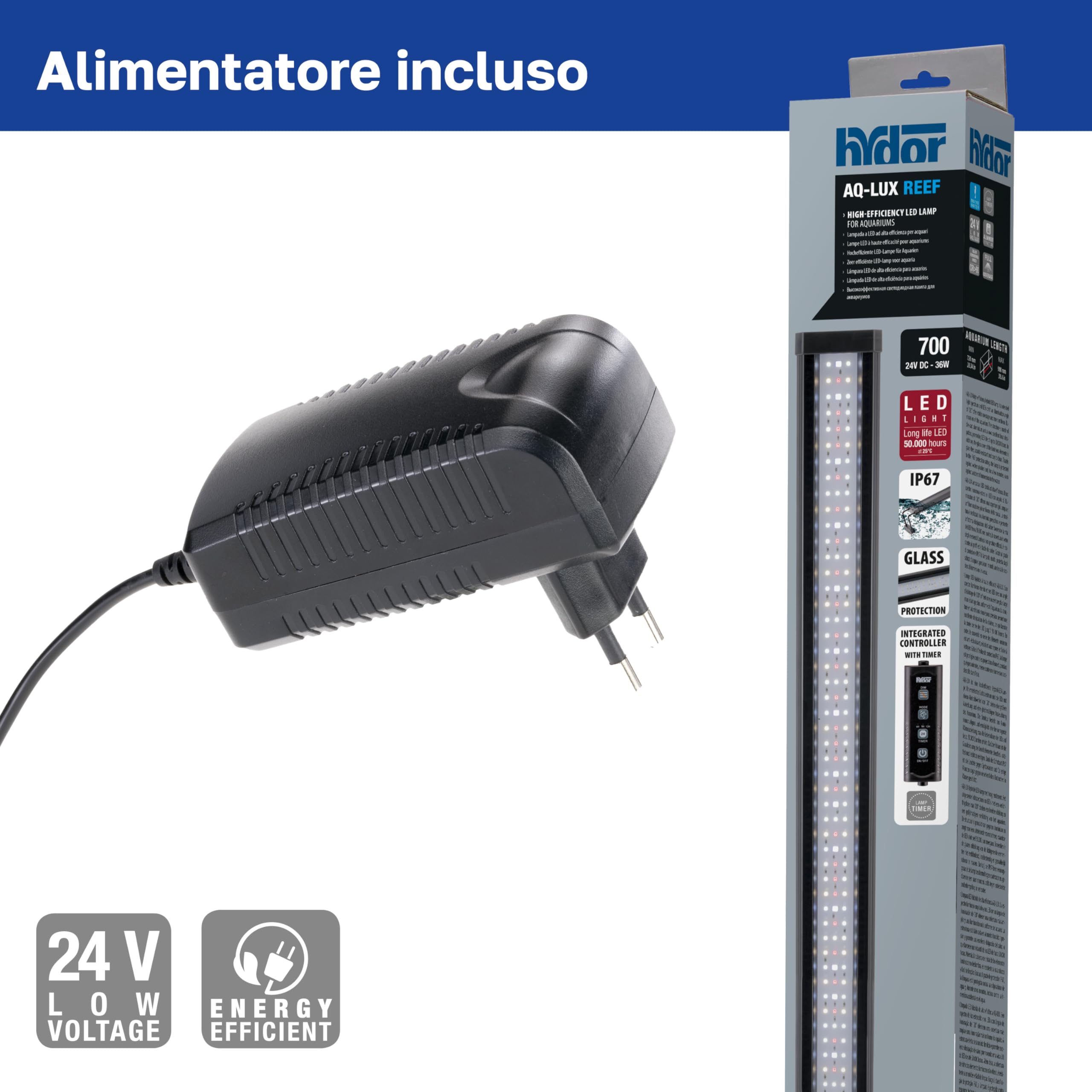 Hydor AQ-LUX REEF 700 Lampada LED per Acquario Marino 36 W (1400 lm) Spettro professionale, Dimmer e Timer Programmabile, Staffe Regolabili, Alimentatore Incl, IP67, 72 x 8 x h 9,5 cm.