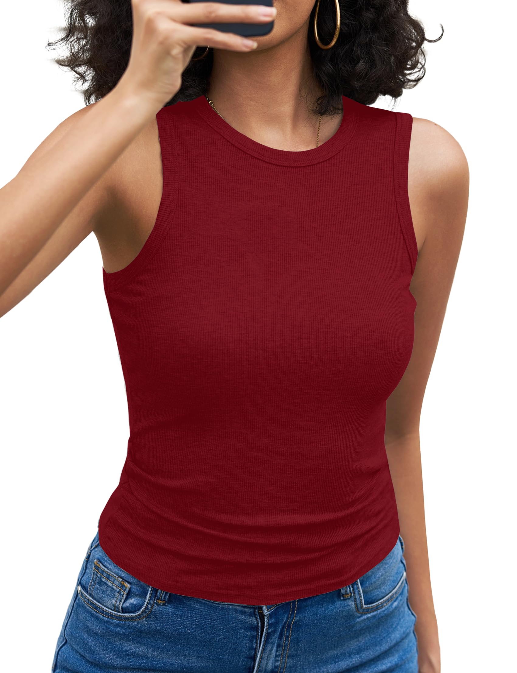 Aottori Top Damen Sommer Rundhals Oberteile Gerippt Slim Fit Basic Tanktop Stretch Elegant Shirt Ärmellos Sexy Casual Einfarbig